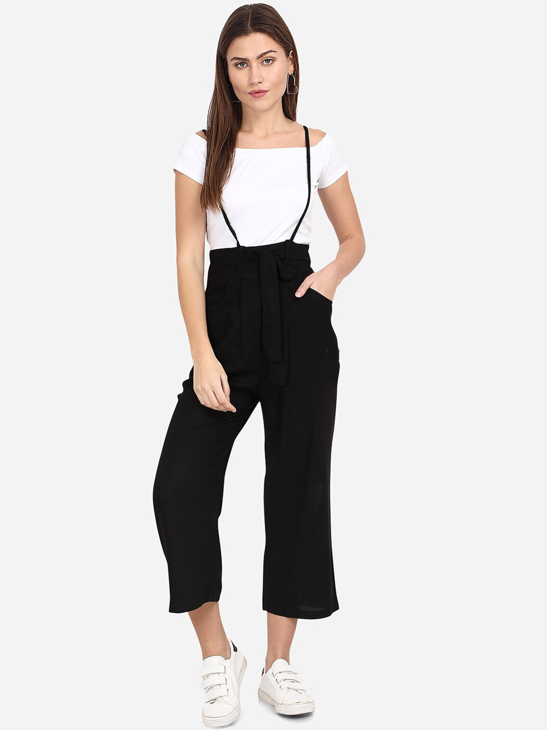 Yuvraah Women Black & White Solid Dungaree Palazzo with T-shirt