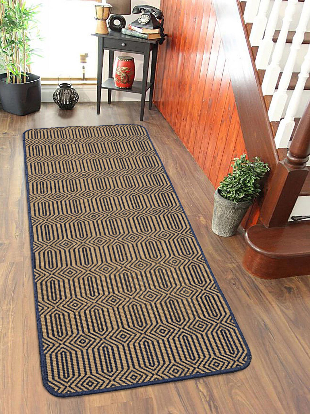 Saral Home Blue & Beige Printed Anti-Skid Bed Runner