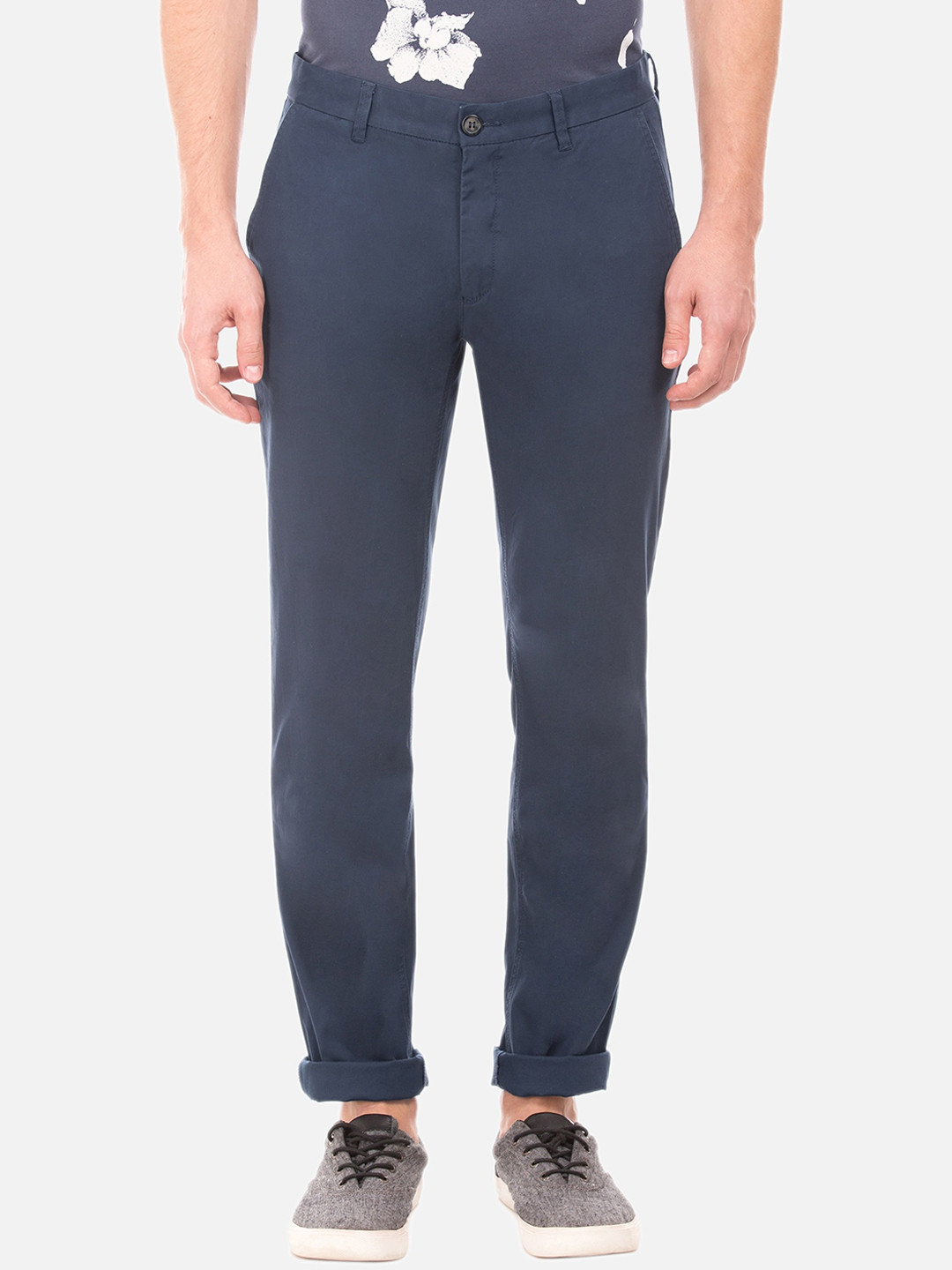 AD By Arvind Men Navy Blue Slim Fit Solid Pure Cotton Trousers