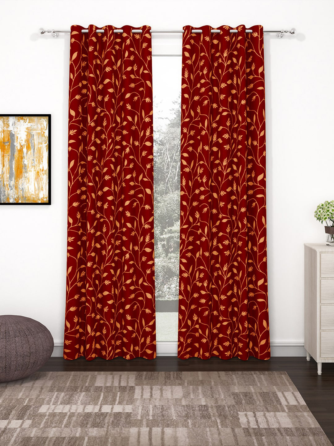 Bedspun Set Of 2 Maroon & Orange Printed Polyetser Eyelet Ringtop Door Curtains