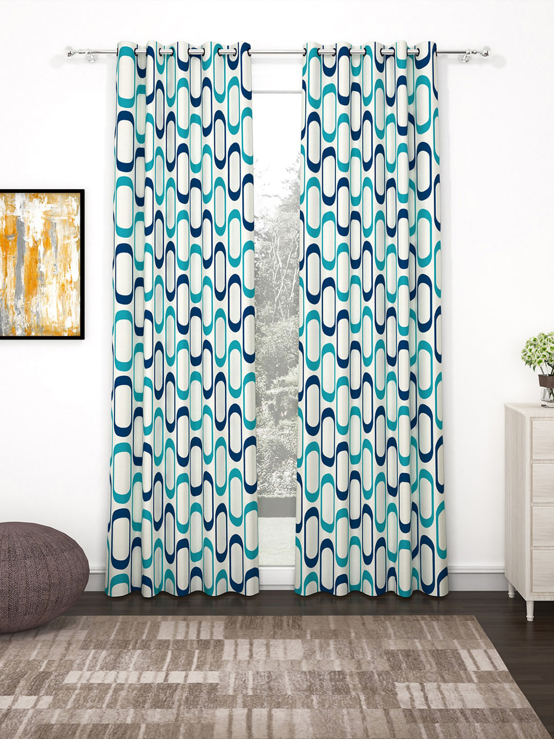 Bedspun Set Of 2 Blue & White Printed Polyetser Eyelet Ringtop Door Curtains