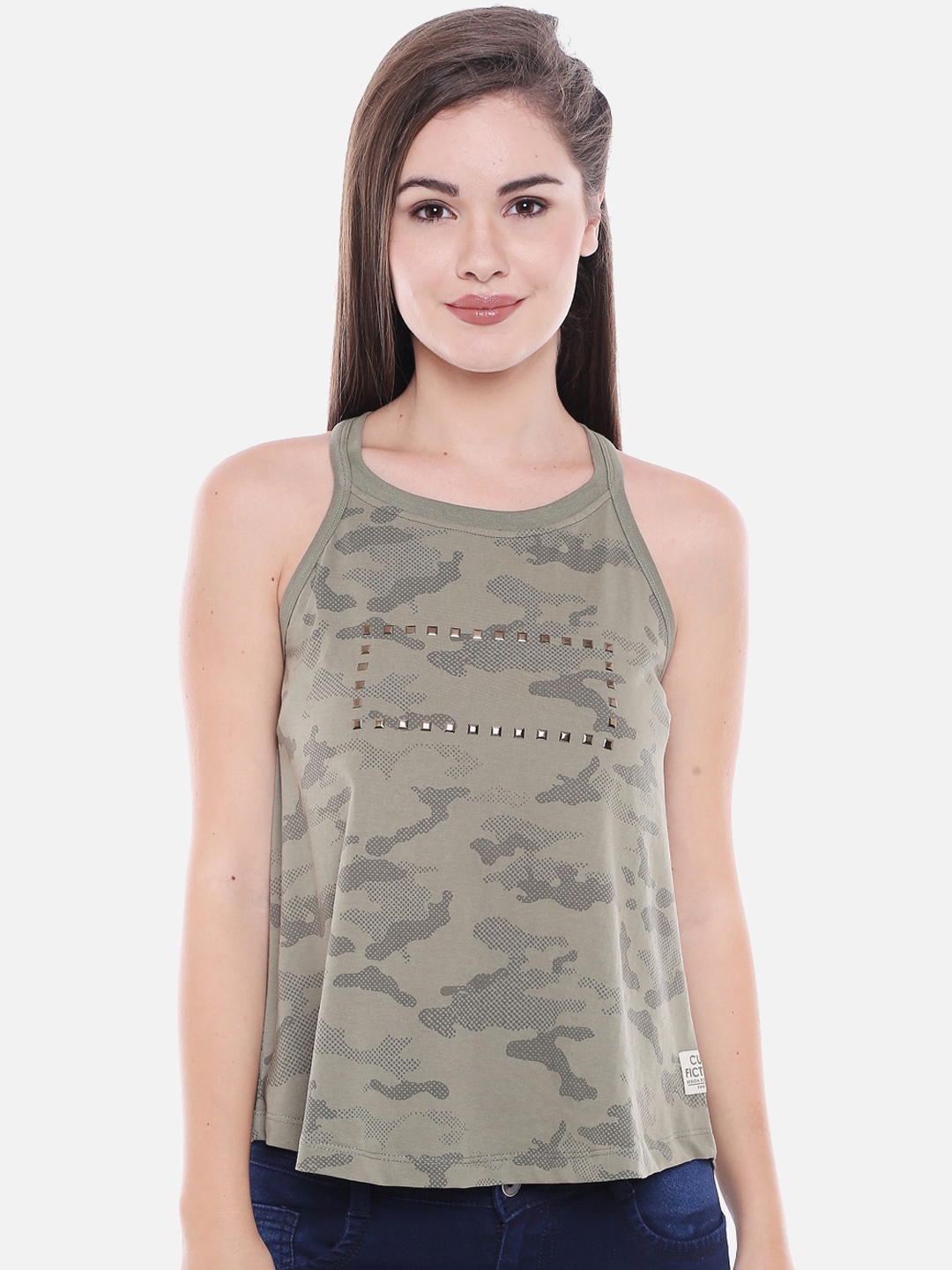CULT FICTION Women Olive Green Printed Round Neck T shirt