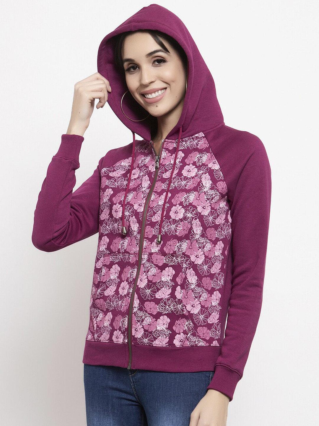 Gipsy Women Magenta & White Printed Hooded Sweatshirt