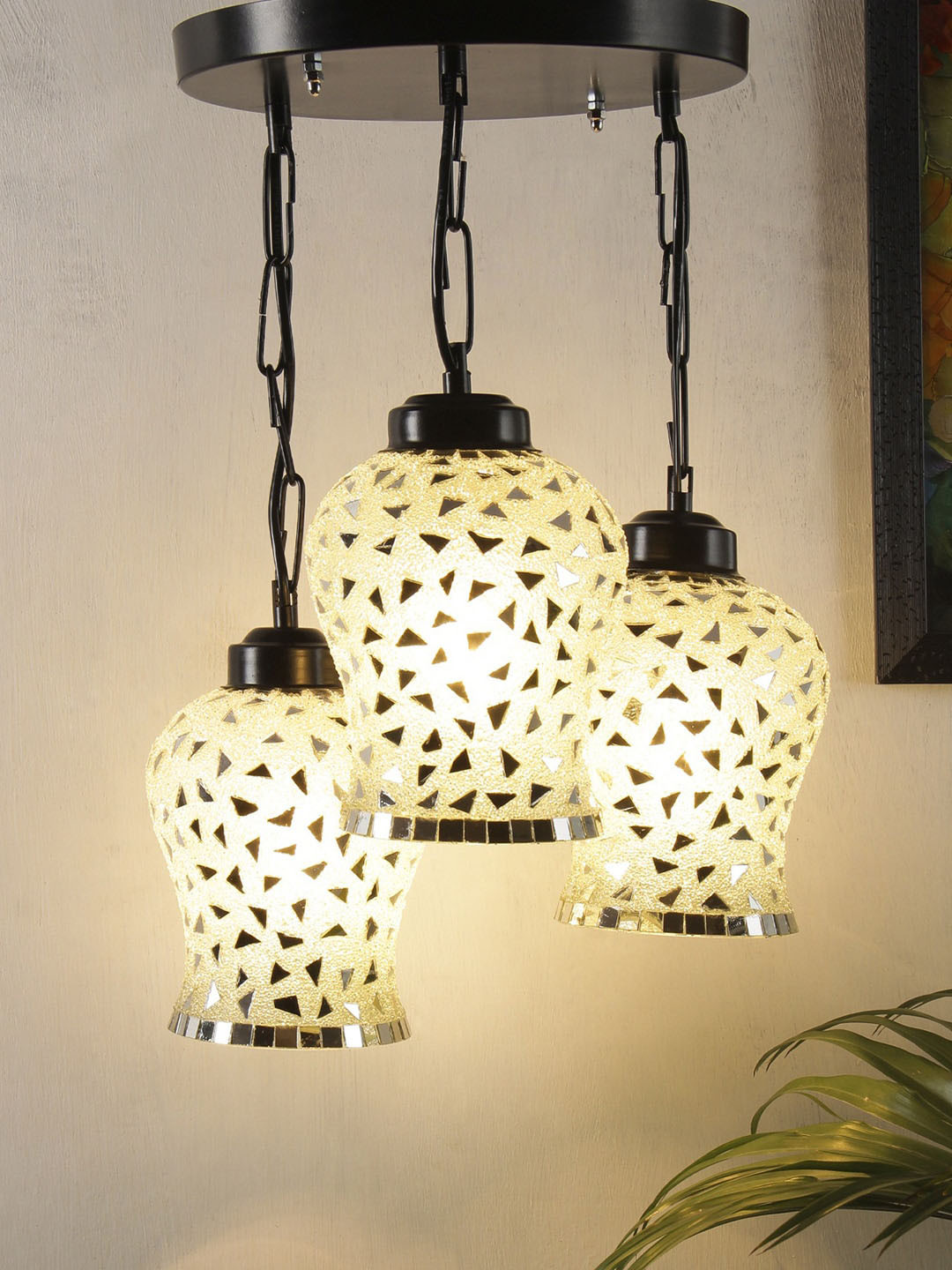 Devansh White & Silver Toned Self Designed Mosaic Glass Cluster Light