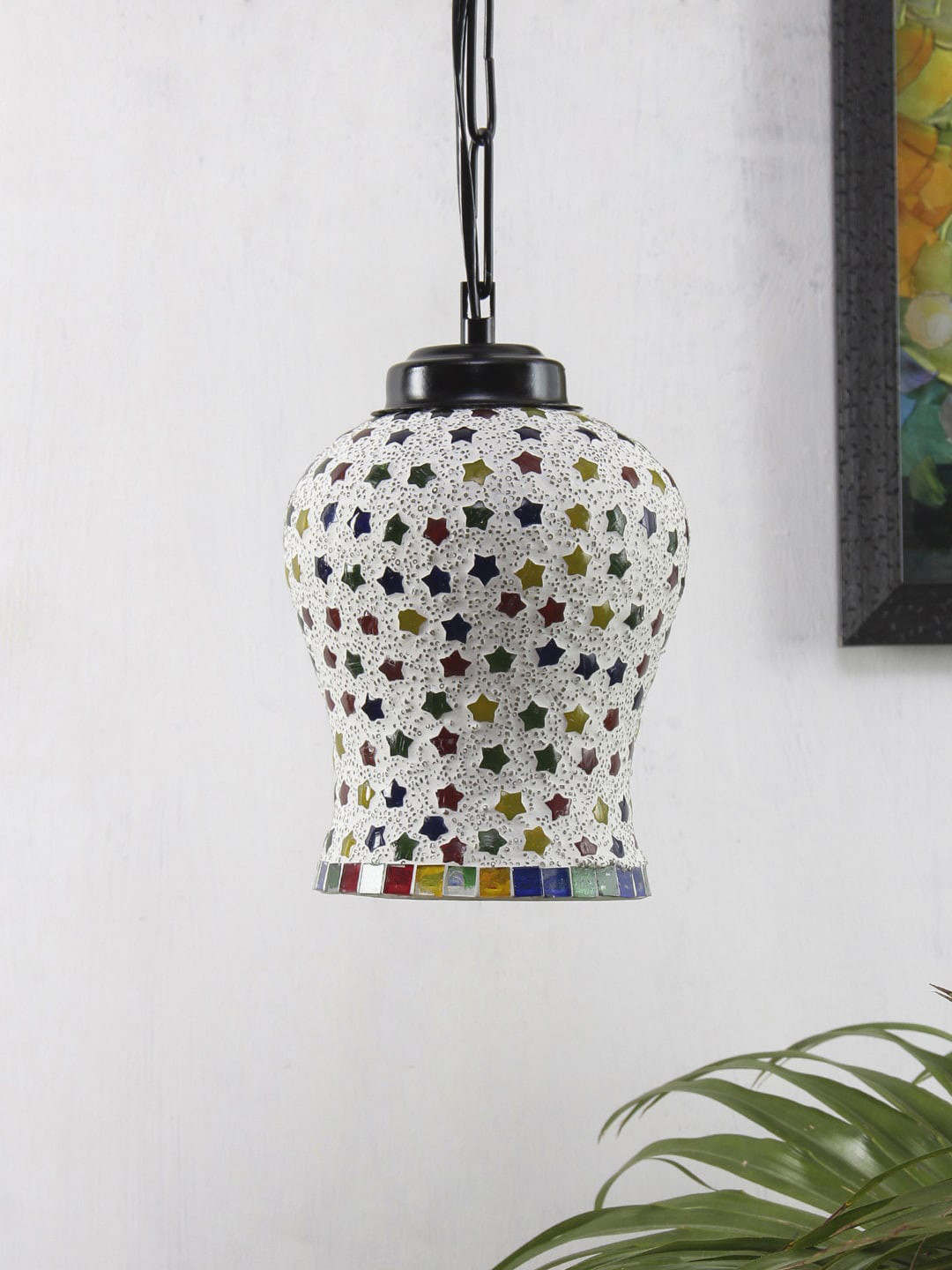 Devansh Beige & Blue Self Design Mosaic Glass Hanging Light