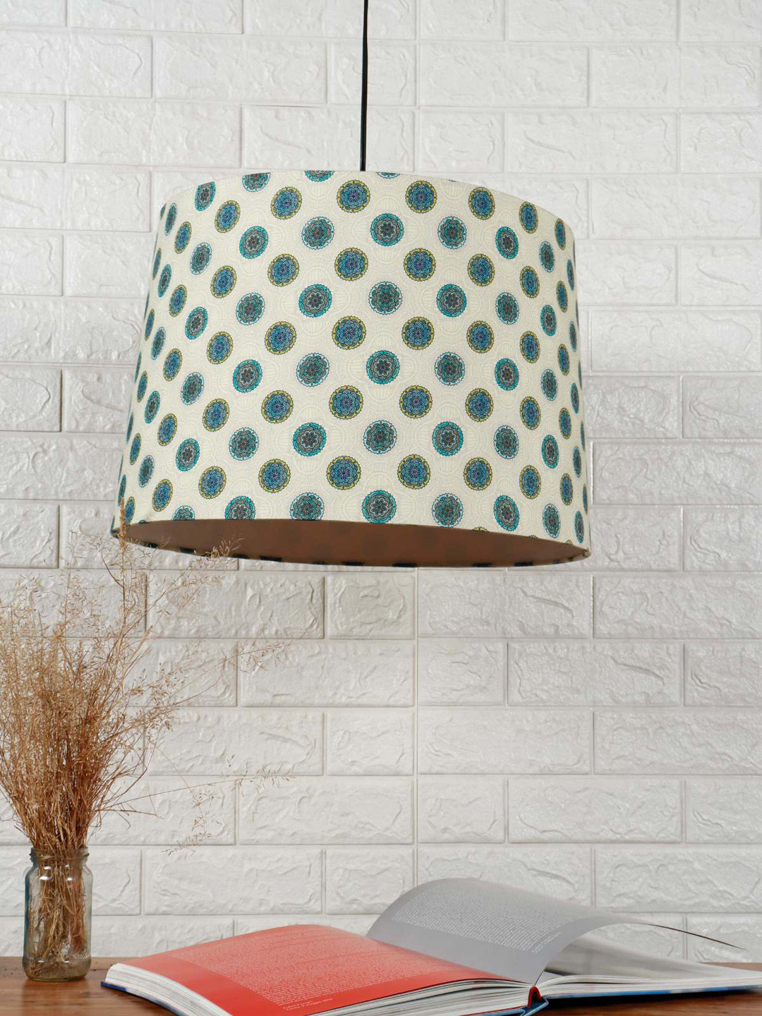 Grated Ginger Beige & Green Printed Mandala Pattern Frustum Hanging Light