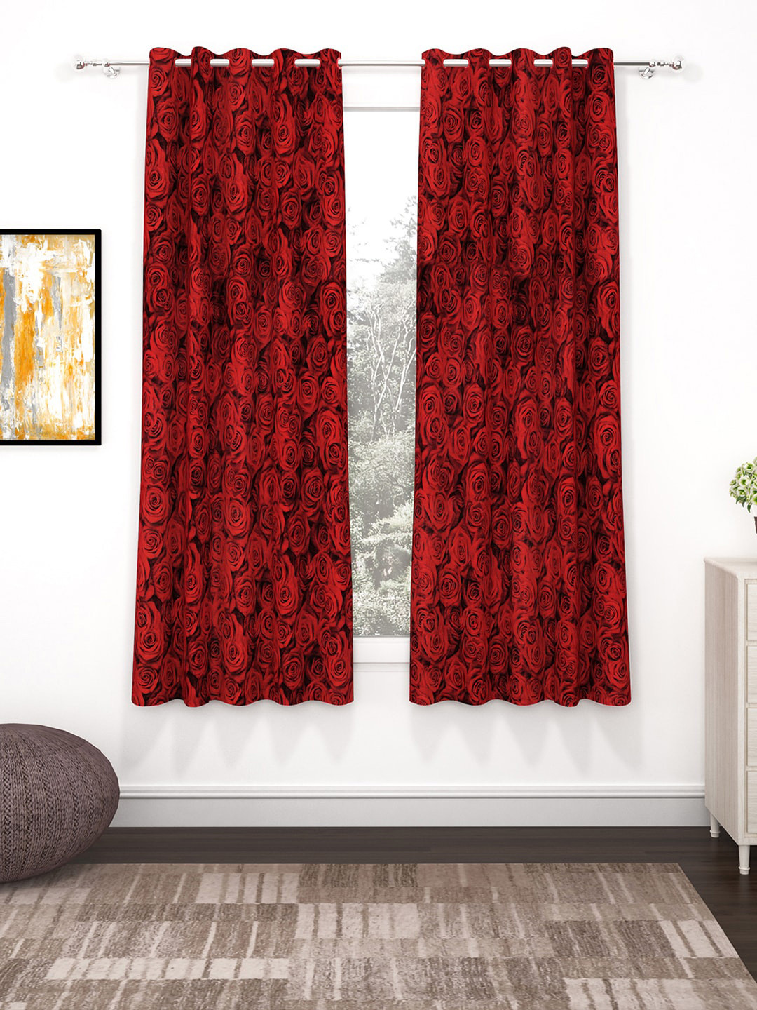 Bedspun Set Of 2 Red Printed Polyester Eyelet Ringtop Window Curtains-5 feet