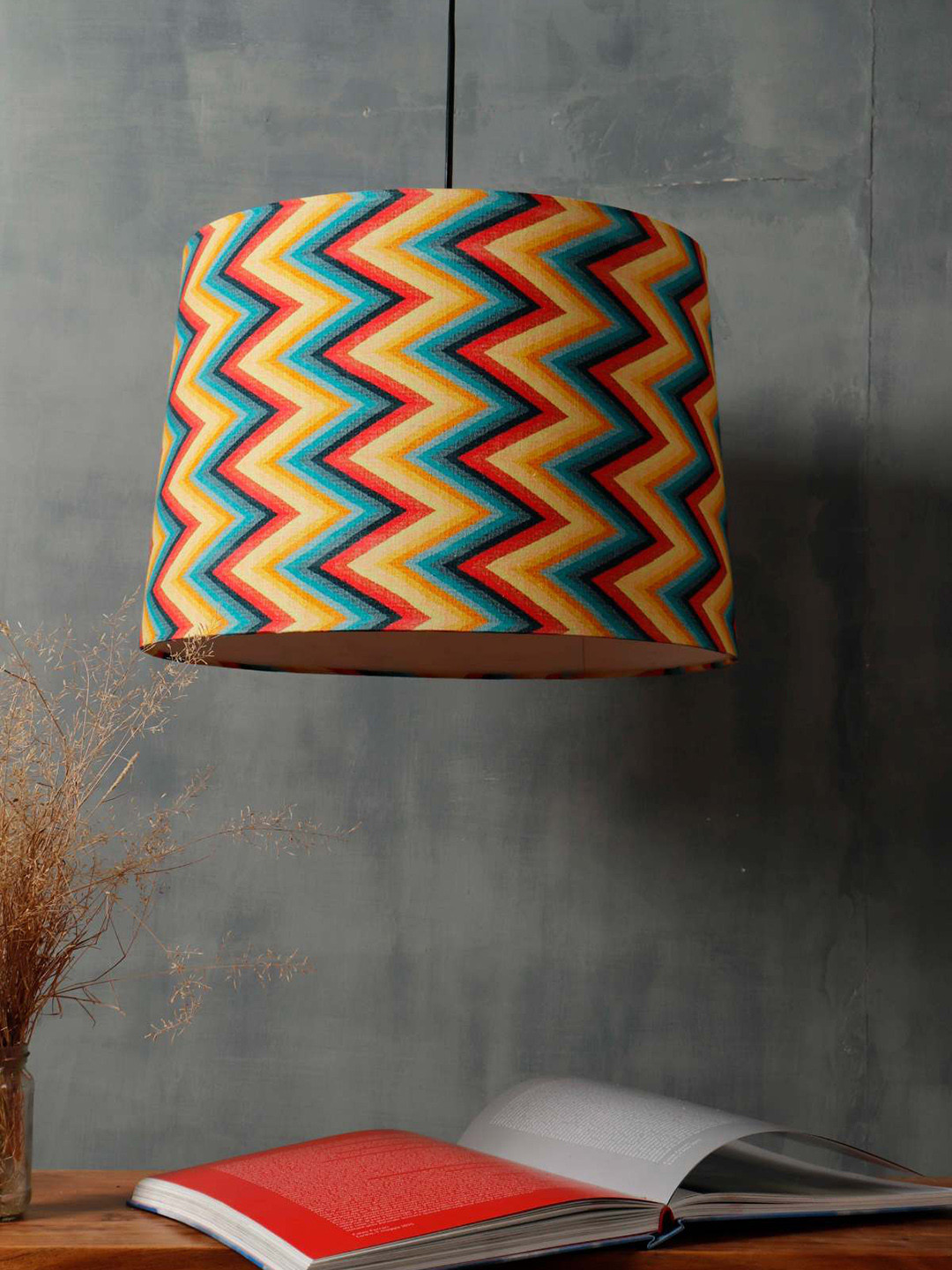 Grated Ginger Yellow & Blue Printed Vibrant Zigzag Pattern Frustum Hanging Light