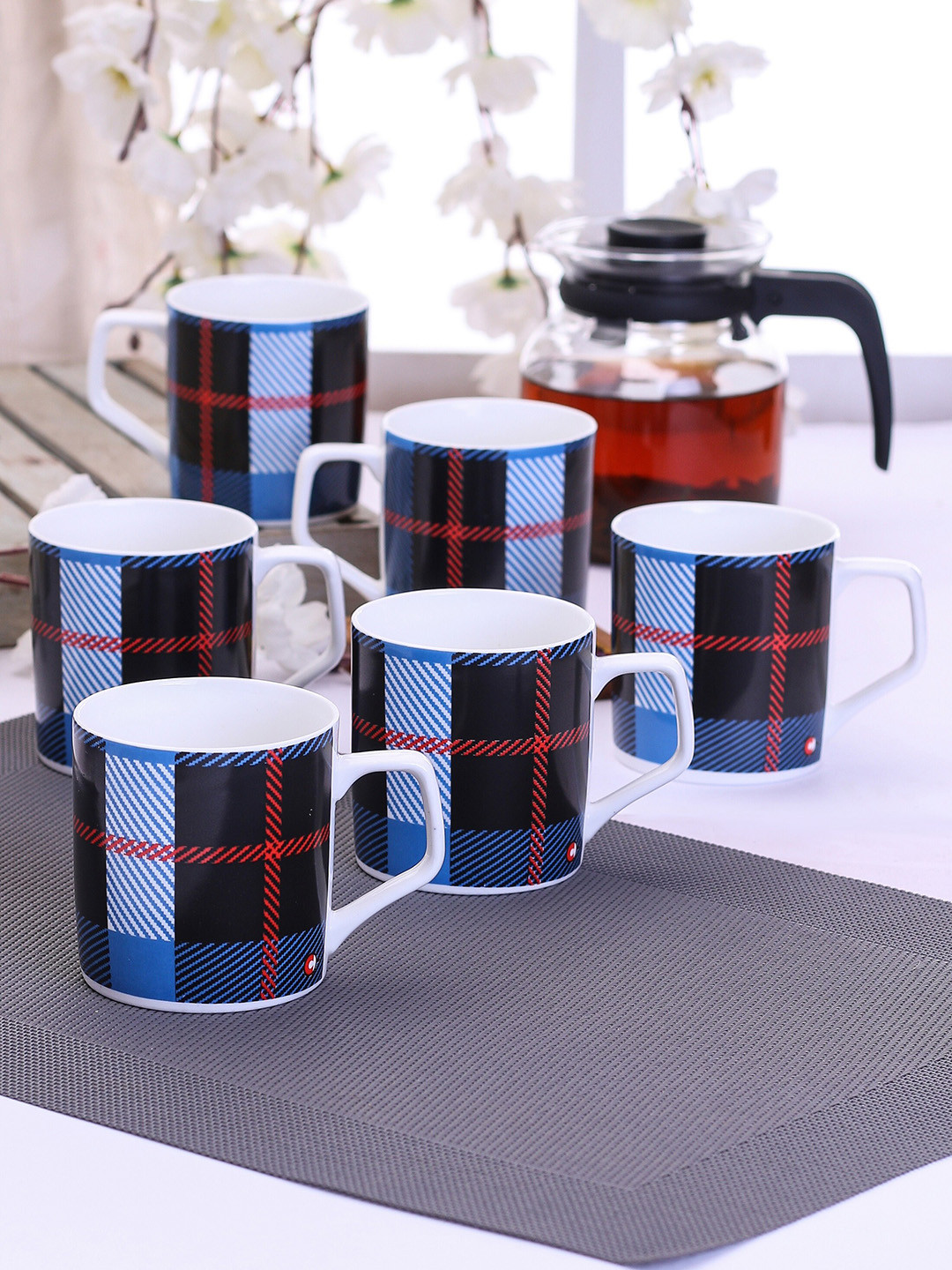 CLAY CRAFT English Garden Party Scene Blue Checkered Ceramic Microwave Safe 6 Piece Cups-230ml