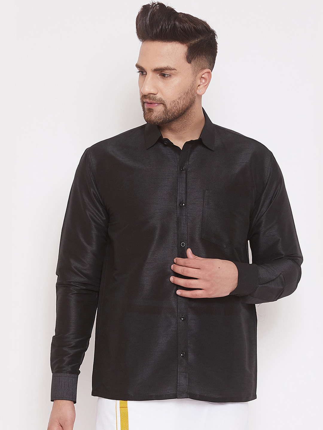 VASTRAMAY Men Black Regular Fit Solid Ethnic Shirt