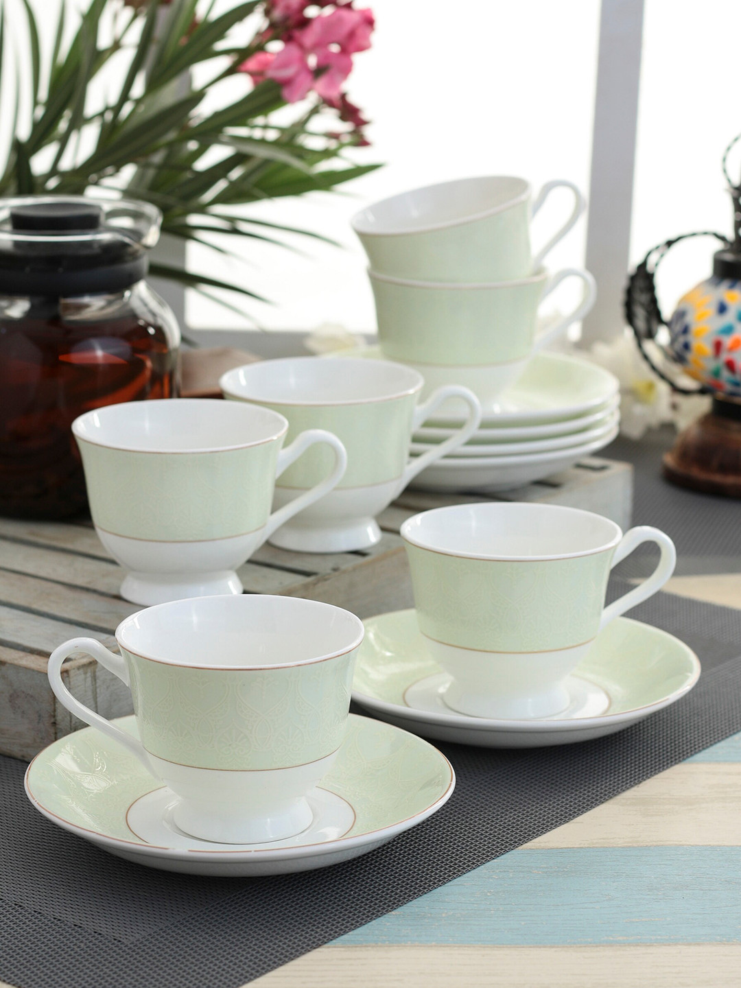 CLAY CRAFT Set Of 12 White & Green Printed Cups & Saucers