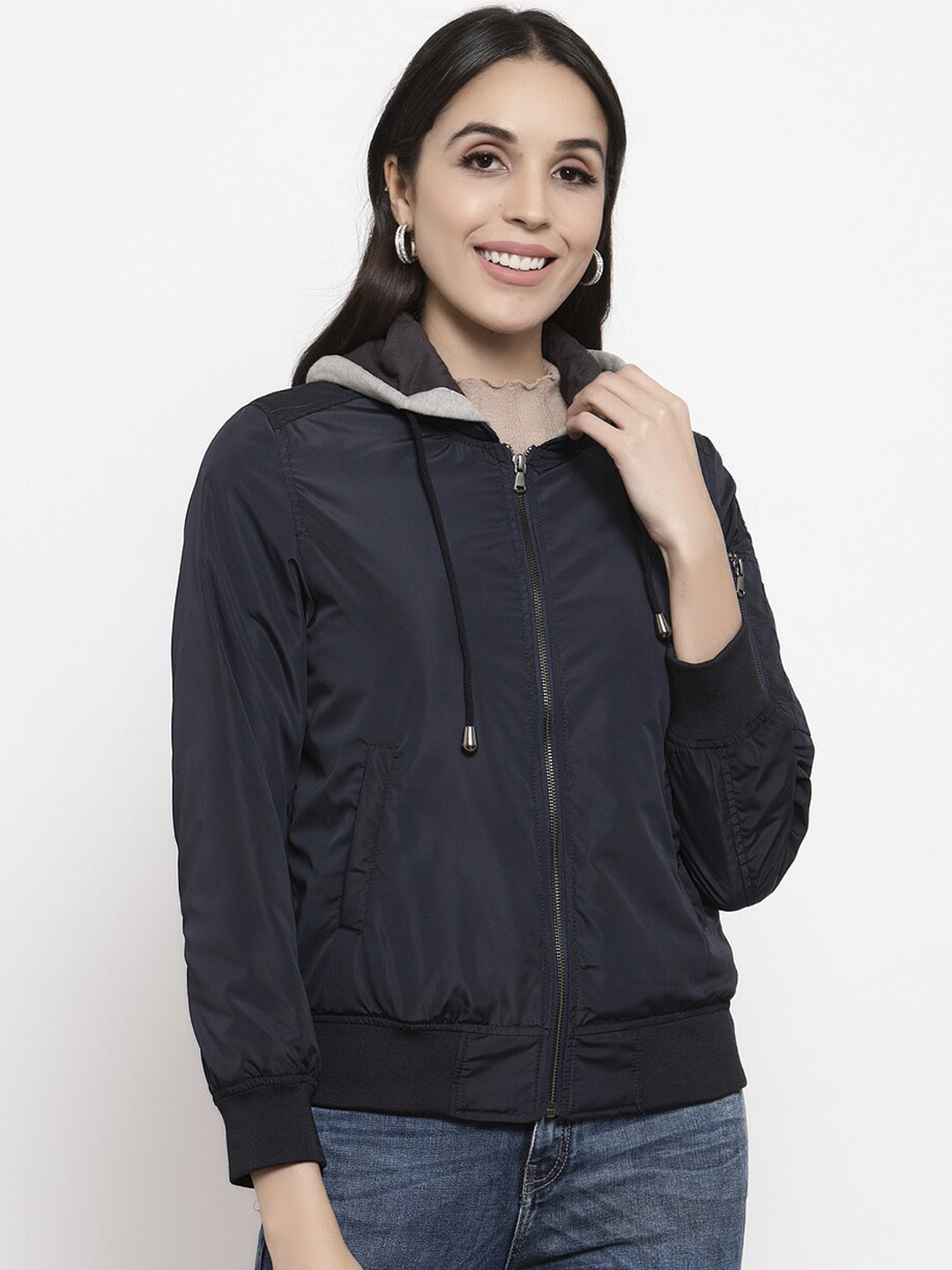 Gipsy Women Navy Blue Solid Bomber Jacket