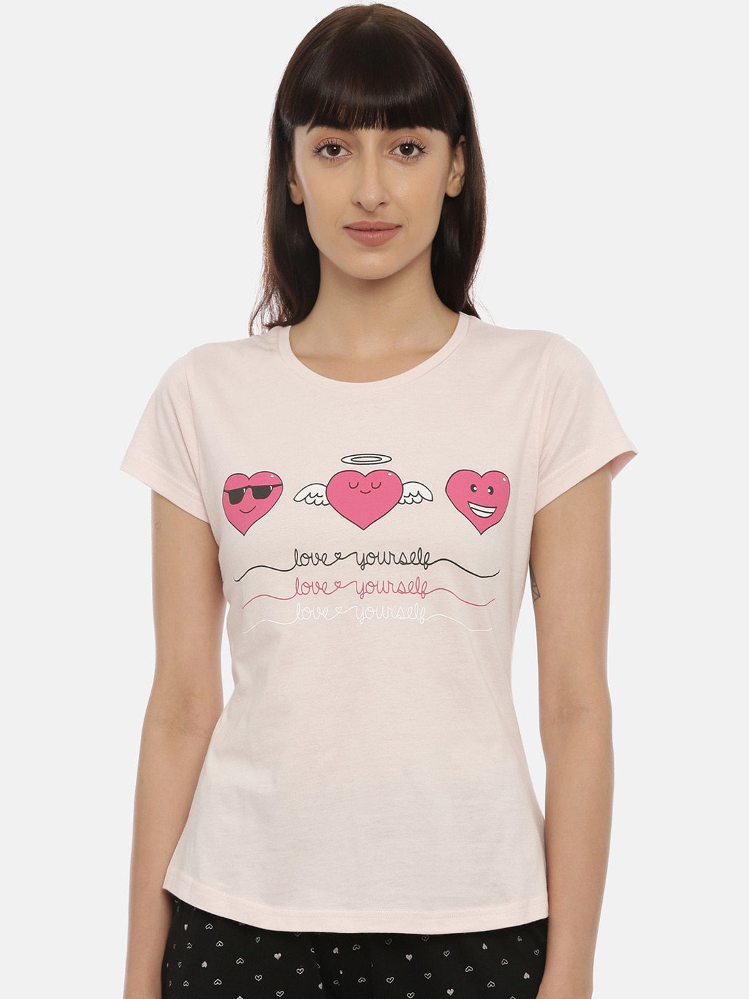 Curare Women Pink & Black Graphic Printed Cotton Lounge T-shirt