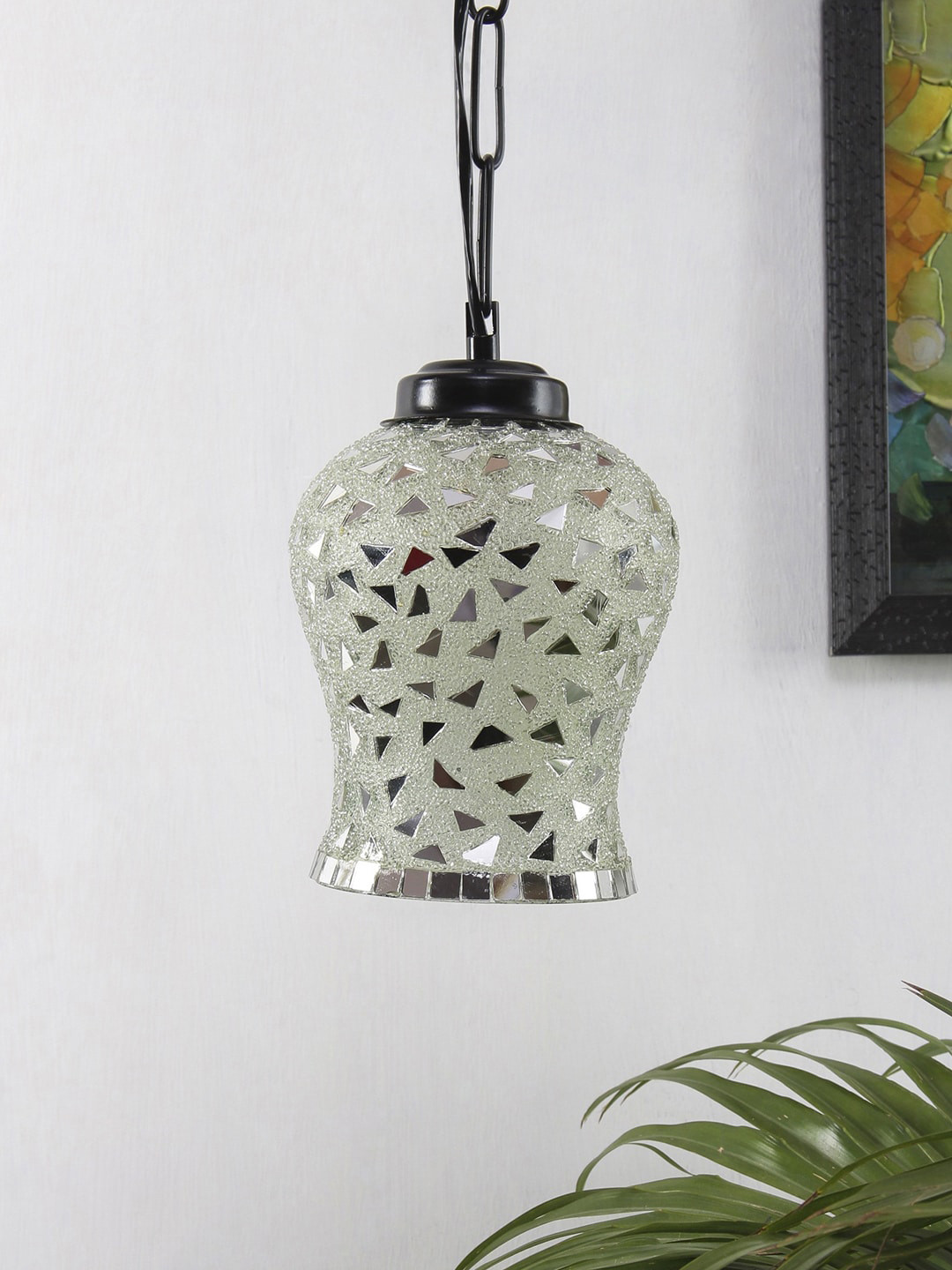 Devansh White & Silver-Toned Mosaic Pattern Traditional Glass Hanging Light