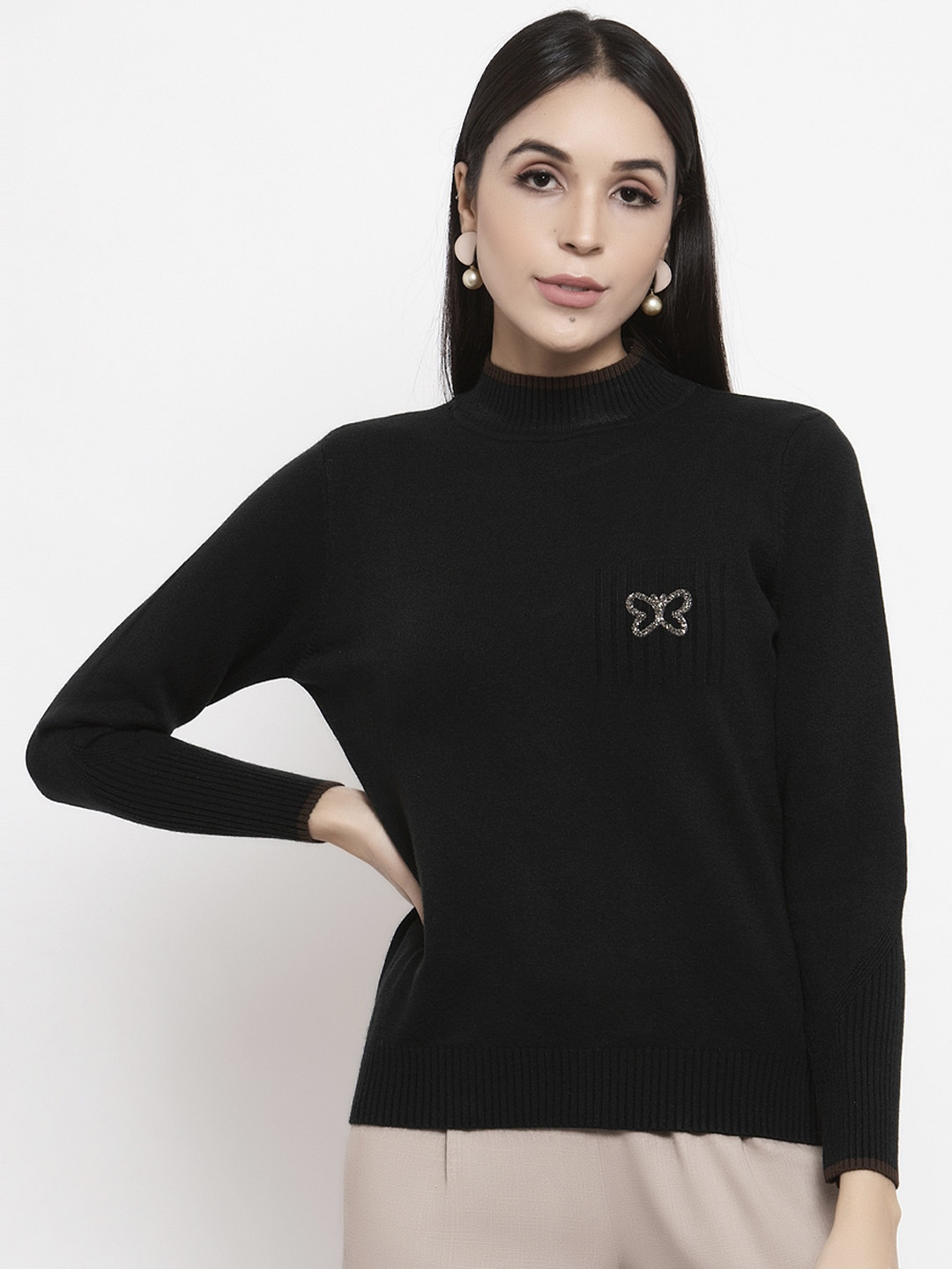 Gipsy Women Black & Brown Self-Design Acrylic Pullover Sweater