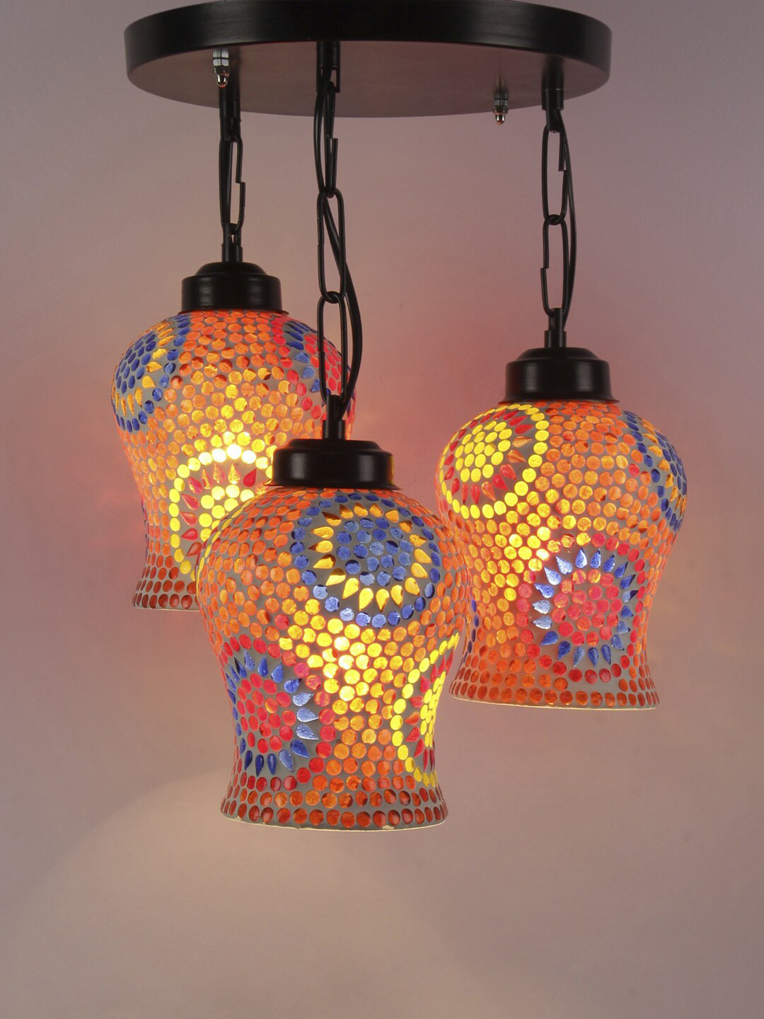 Devansh Off-White & Orange Textured Traditional Mosaic Glass Cluster Lights