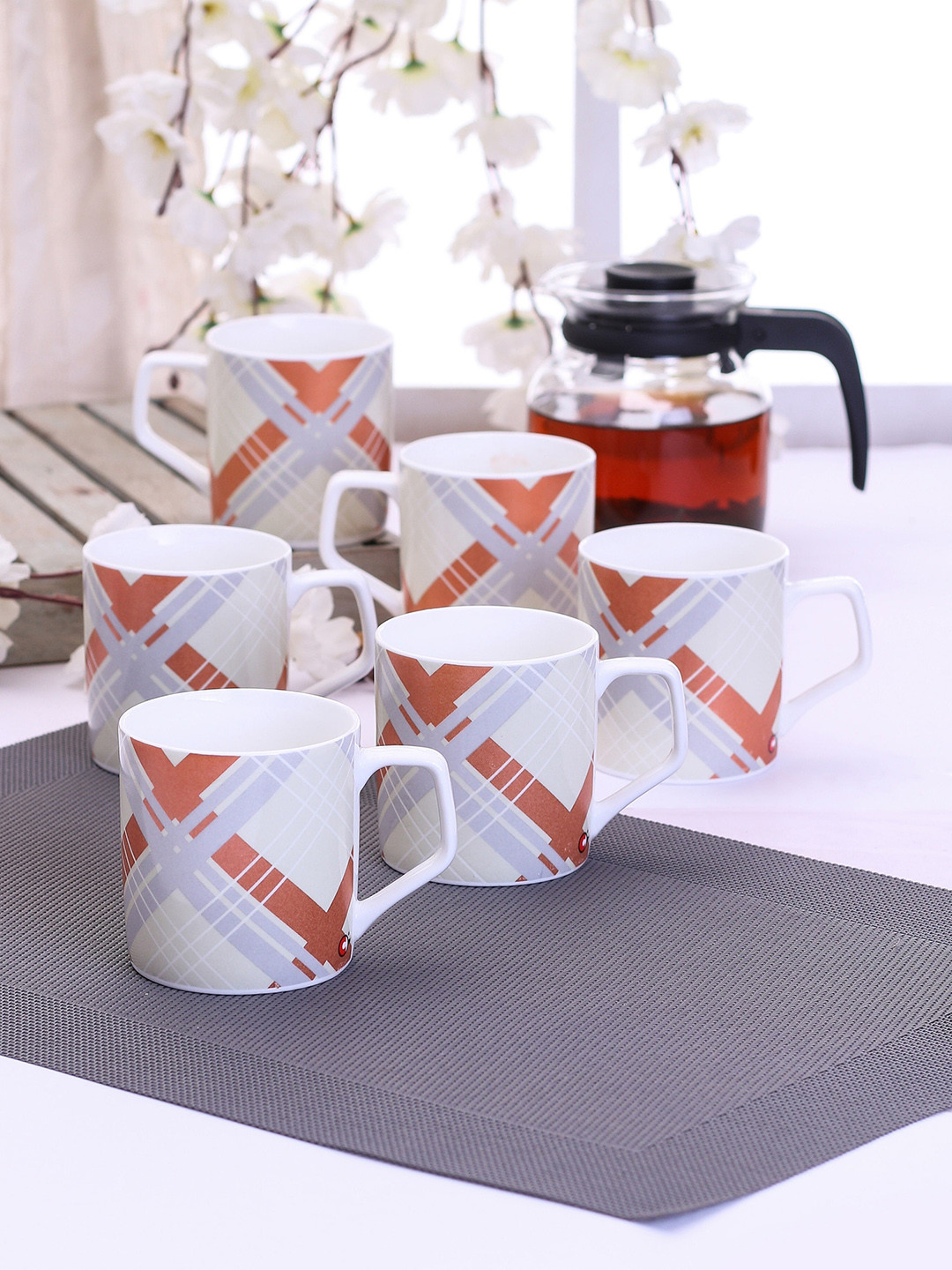 CLAY CRAFT Rashi Taurus White Graphic Ceramic Handmade 6 Piece Cups-230ml