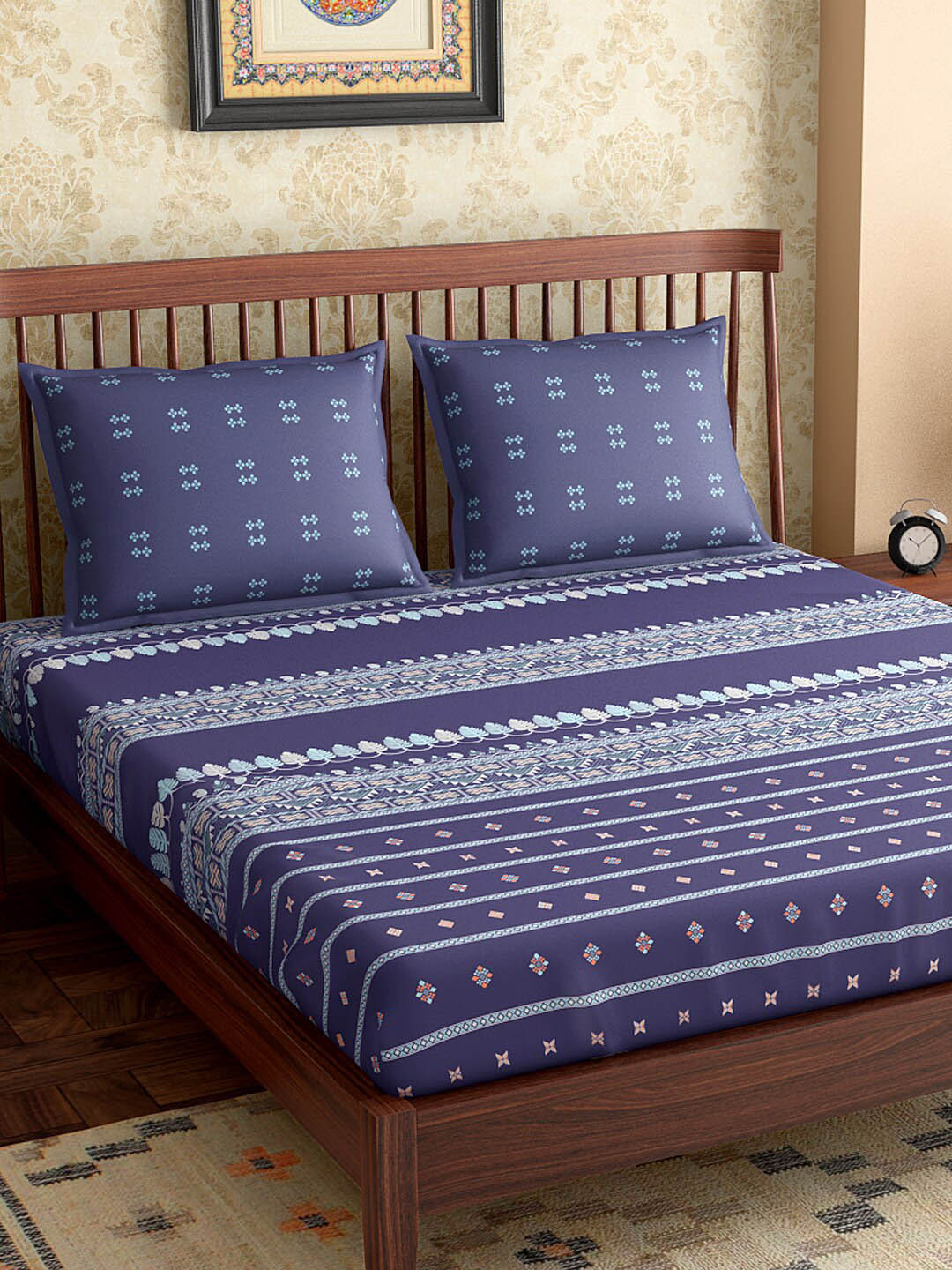 PETAL HOME Navy Blue Ethnic Motifs 300 TC Double Queen Bedsheet With 2 Pillow Covers