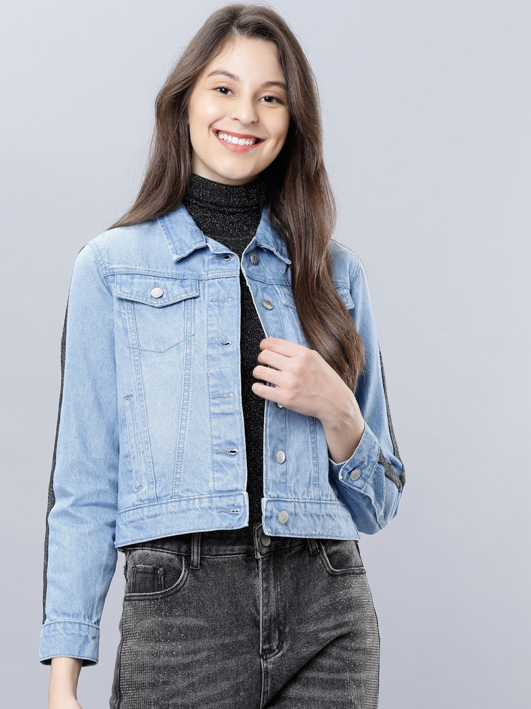 Tokyo Talkies Women Blue Solid Denim Crop Jacket