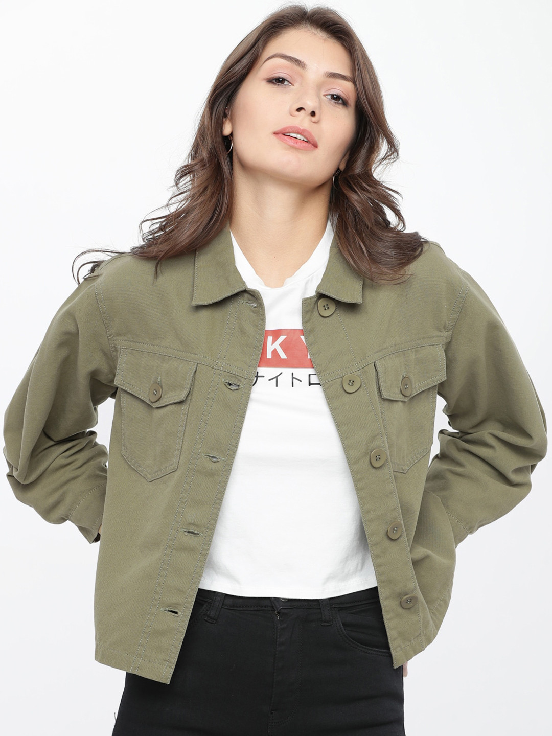 Tokyo Talkies Women Olive Green Solid Crop Denim Jacket