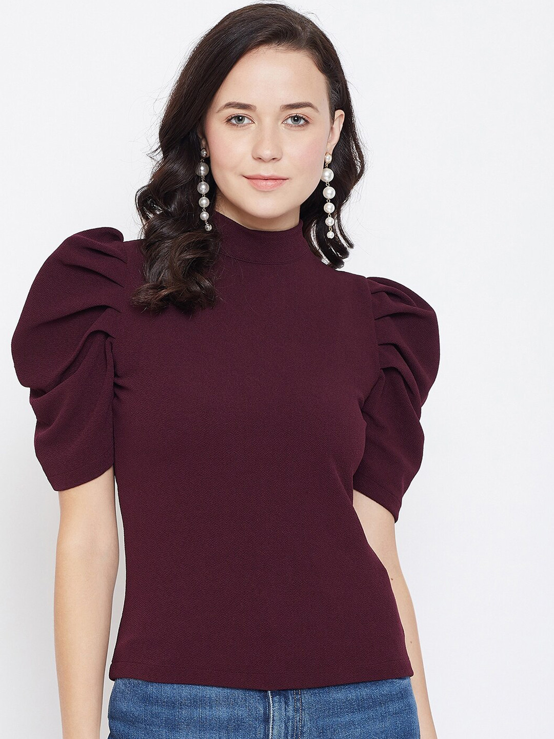 Zastraa Burgundy Top With Puff Sleeves