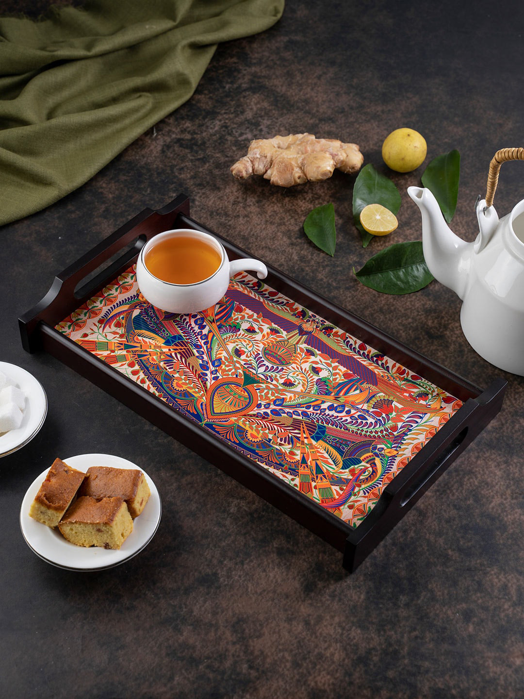 KOLOROBIA Orange & White Sylvan Egyptian Print Small Wooden Tray