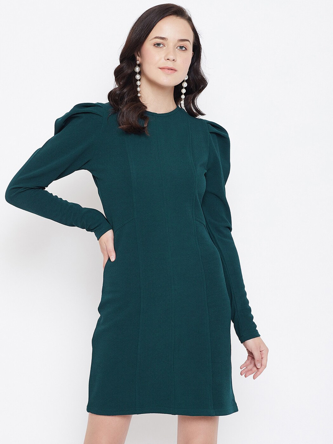 Zastraa Women Green Solid Knee Length Sheath Dress