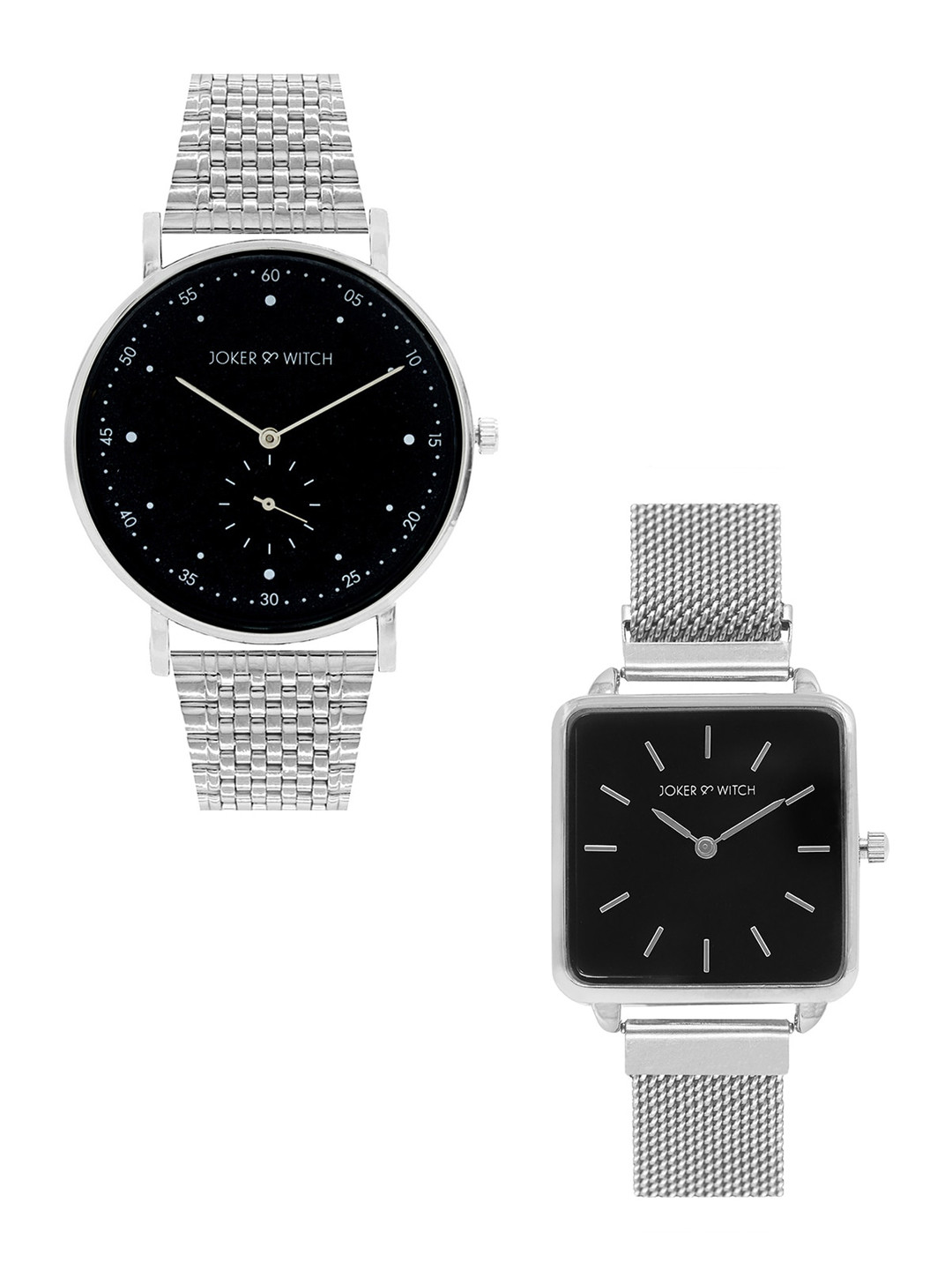 JOKER & WITCH Black & Silver Toned Jamie & Maggie Mud Rock Couple Watches JWCW74