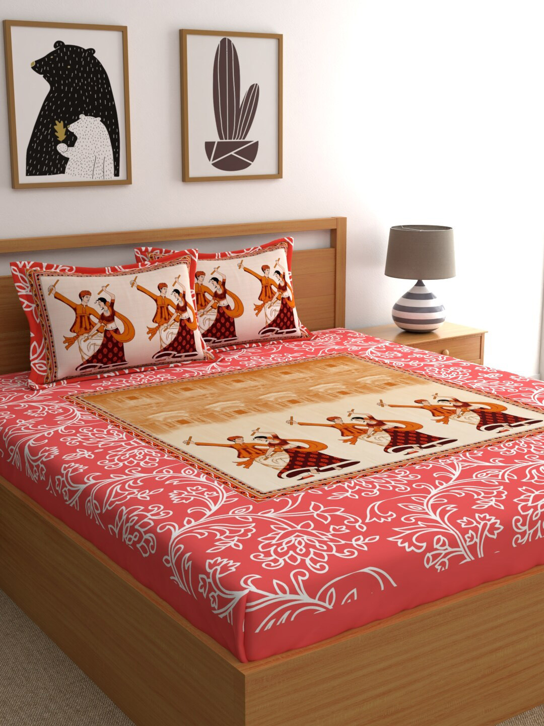 LA VERNE Peach Ethnic Motifs Cotton 104 TC Queen Coarse Bedsheet with 2 Pillow Covers-240 x 220 cm