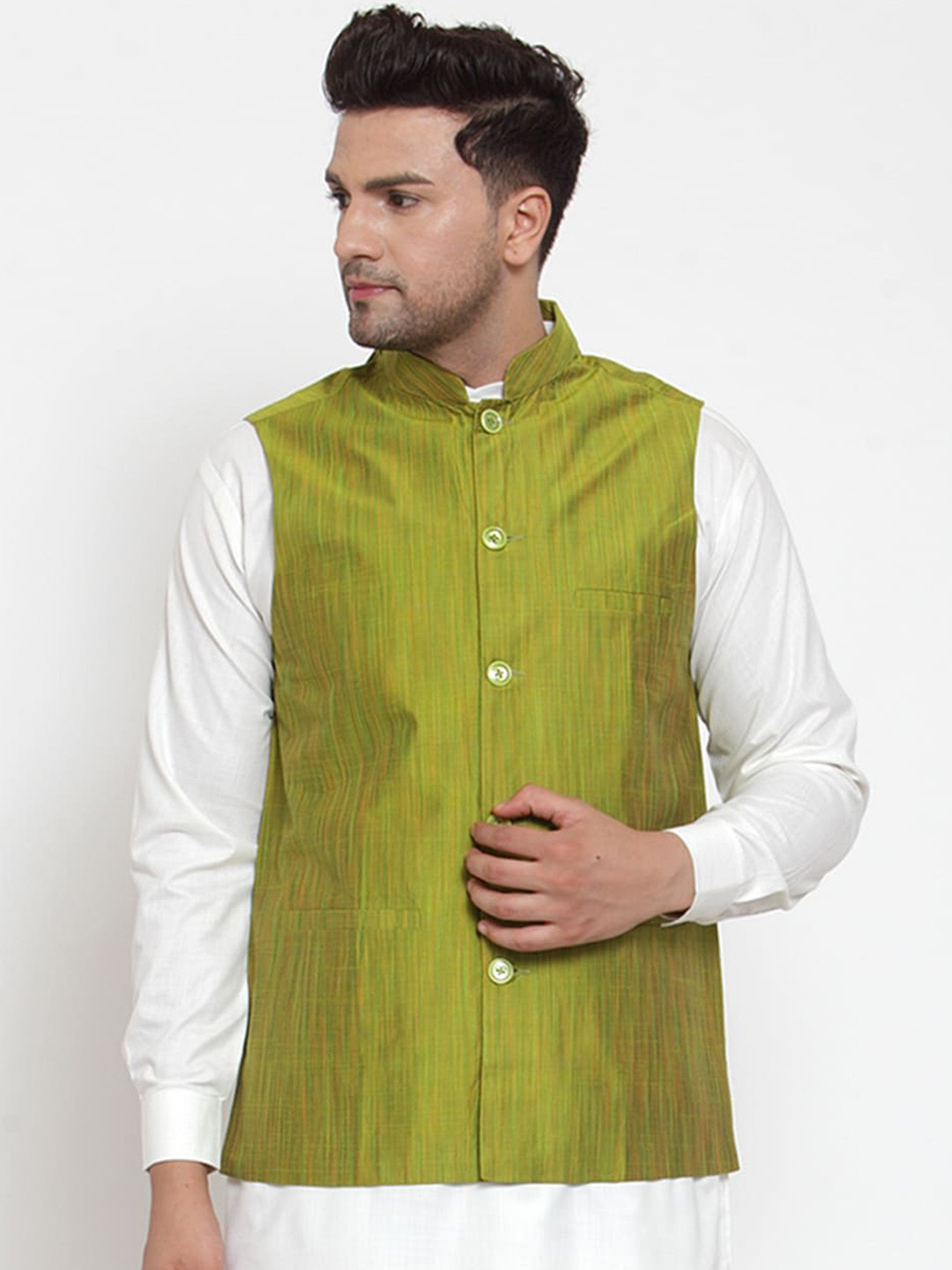 Jompers Men Green Woven Design Waistcoat