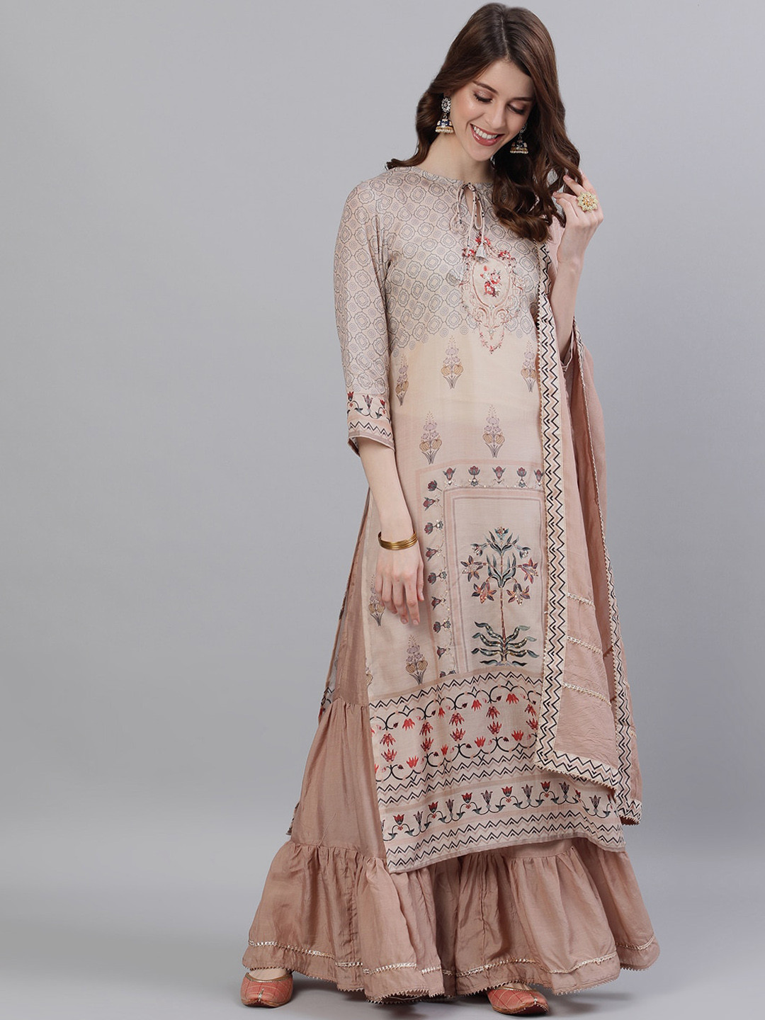 Ishin Women Peach-Coloured Embroidered Kurta with Sharara & Dupatta