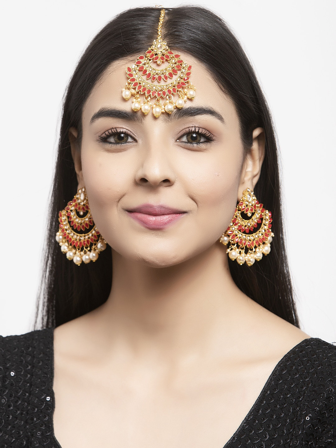 Shining Diva Gold Plated Red & White Stone Studded & Pearl Beaded Maang Tika Earrings Set