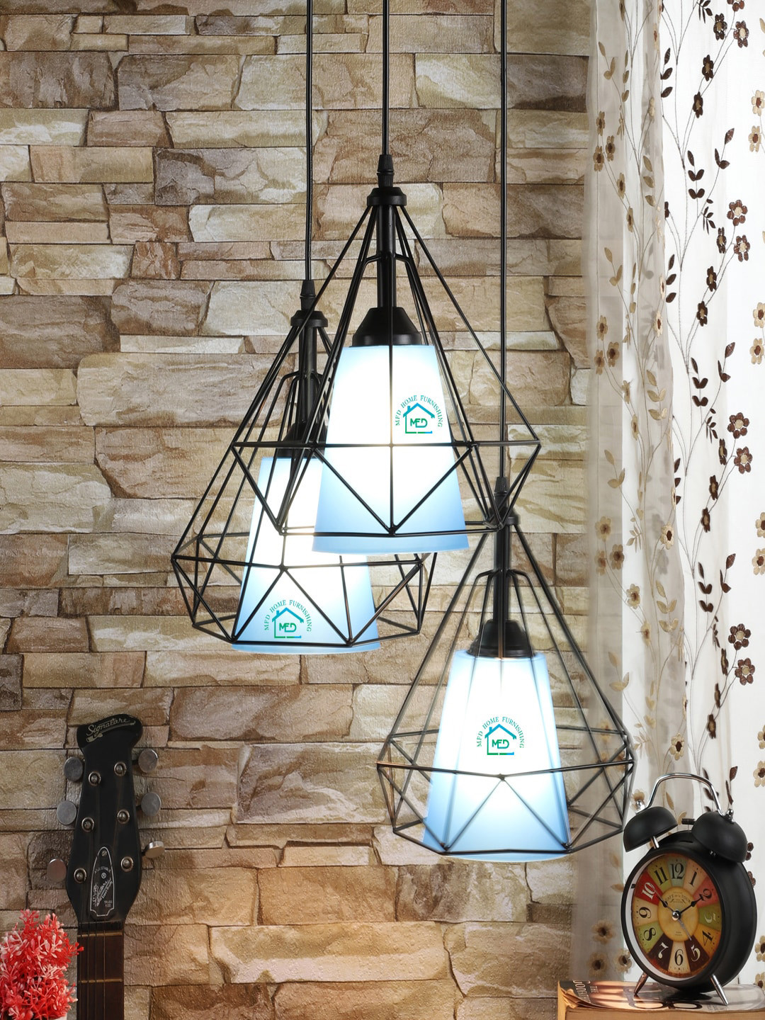 MFD HOME FURNISHING Black & Blue Self Design Cluster Lights