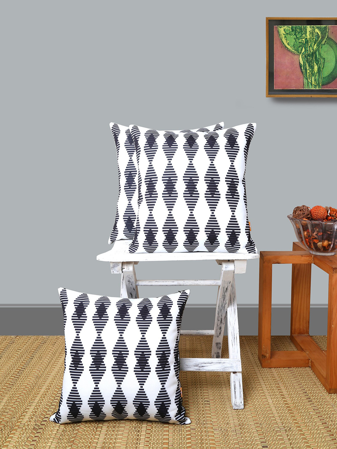 ANS Black & White Set of 3 Geometric Square Cushion Covers