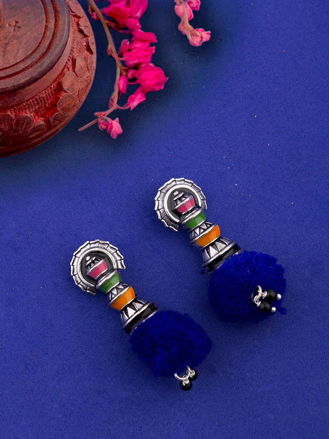 Voylla Silver-Plated & Navy Blue Contemporary Drop Earrings