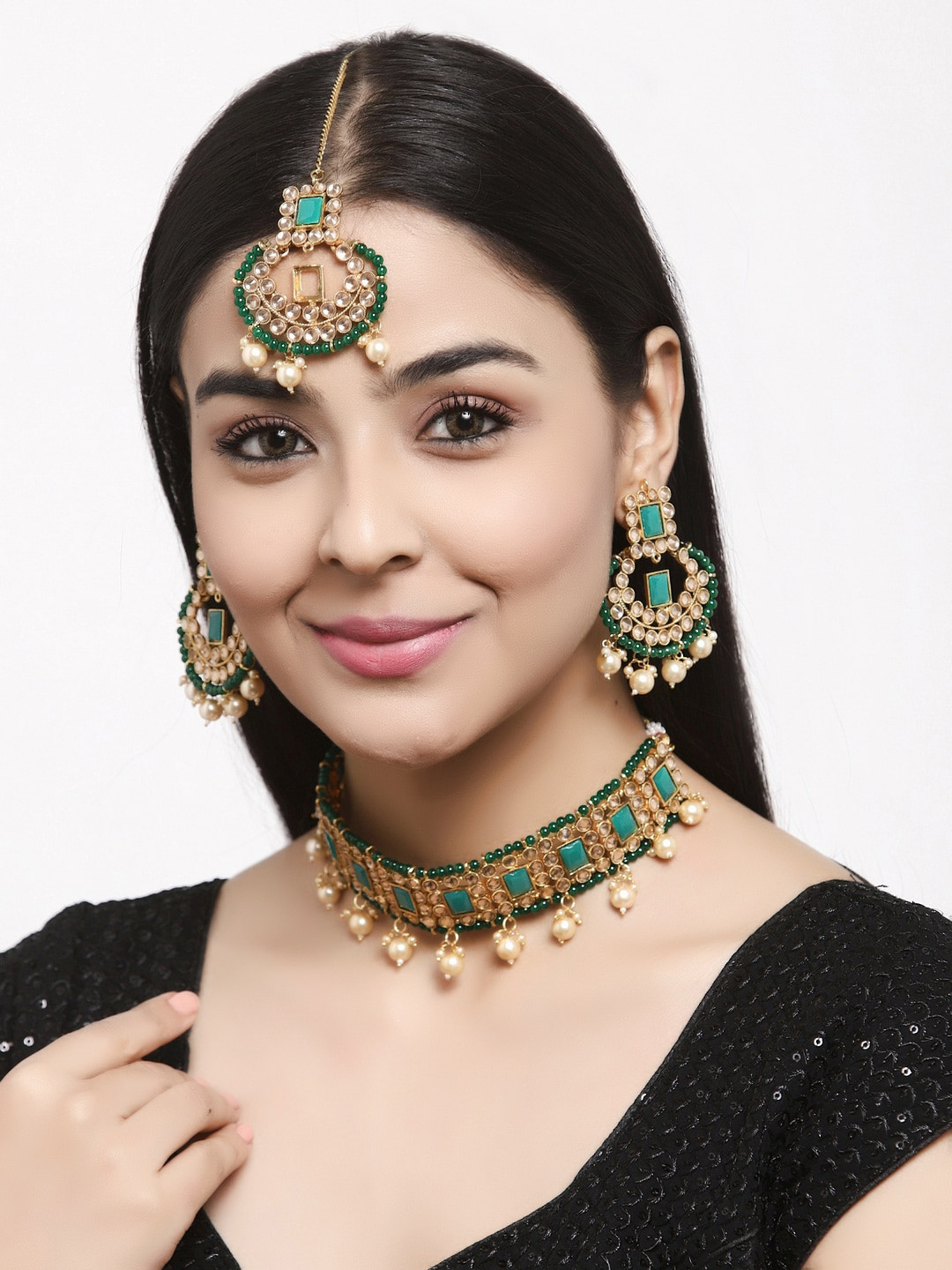 Shining Diva Gold -Plated Green And Tan -Brown Kundan And Pearl-Studded Antique Jewellery Set
