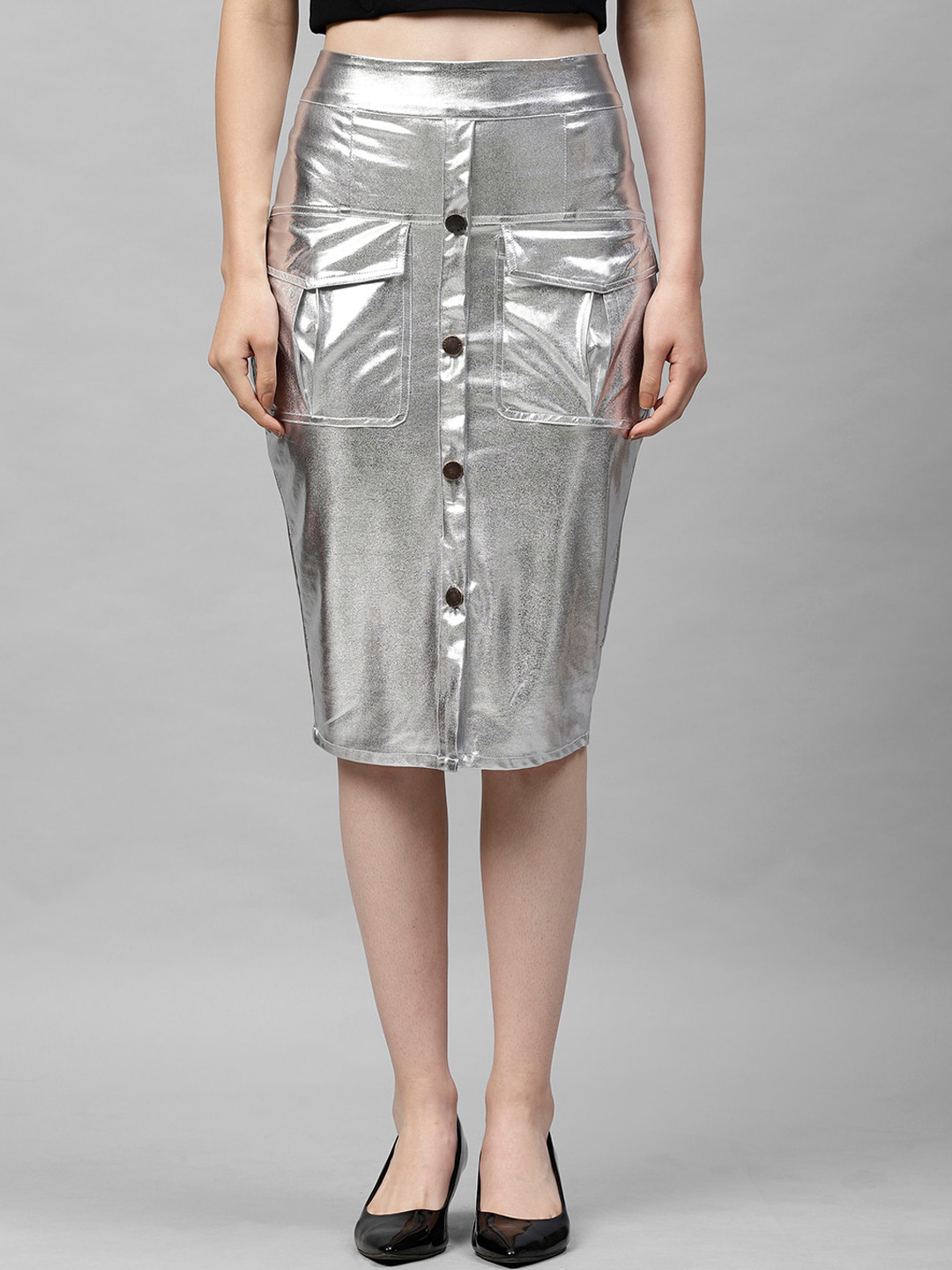 Athena Silver-Coloured Pencil Skirt With Pocket Detailing