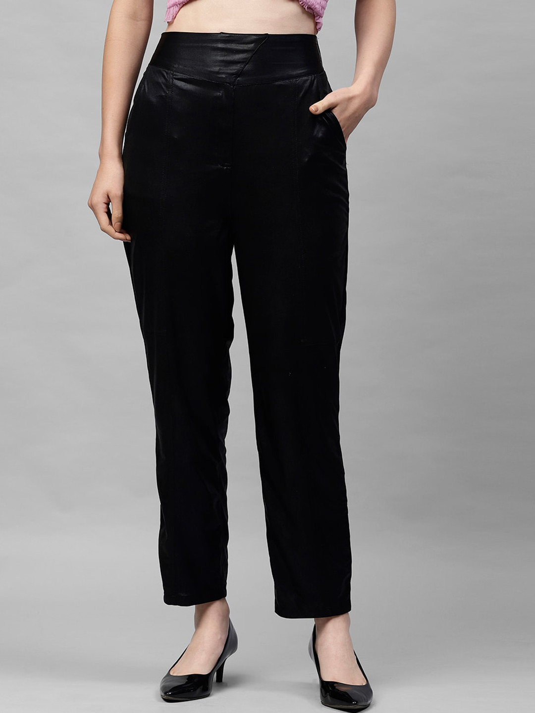 Athena Women Black Metallic Sheen Regular Trousers