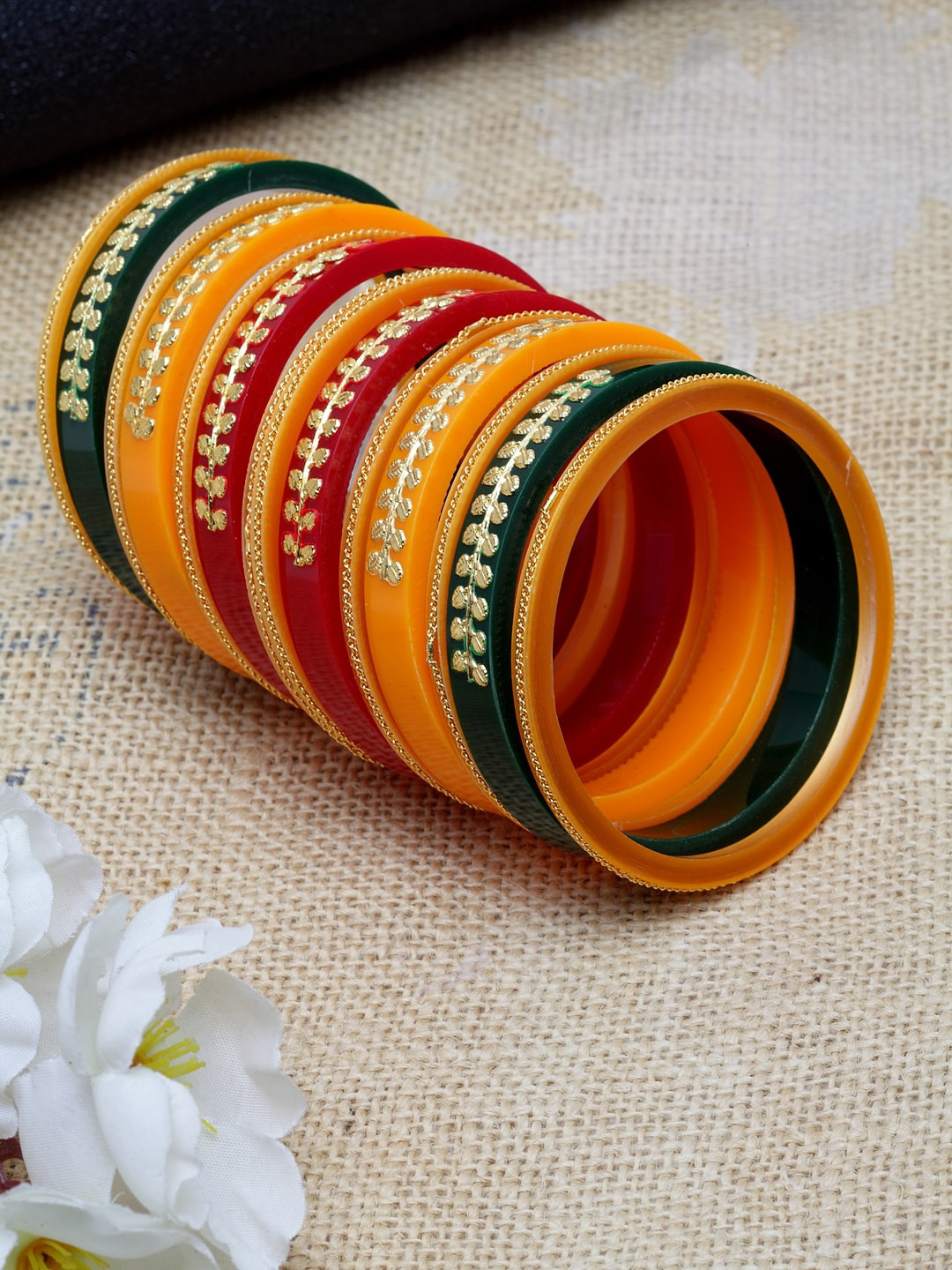 Shining Diva Set Of 14 Gold-Plated Yellow & Red Antique Bangles