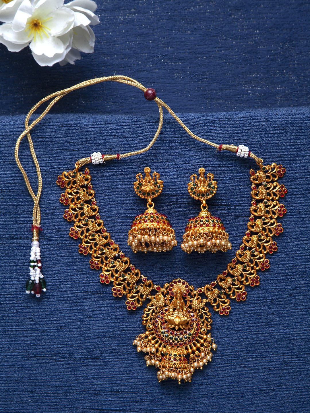 Shining Diva Gold-Plated Red & Green Stone Studded Beaded Goddess Design Antique Jewellery Set