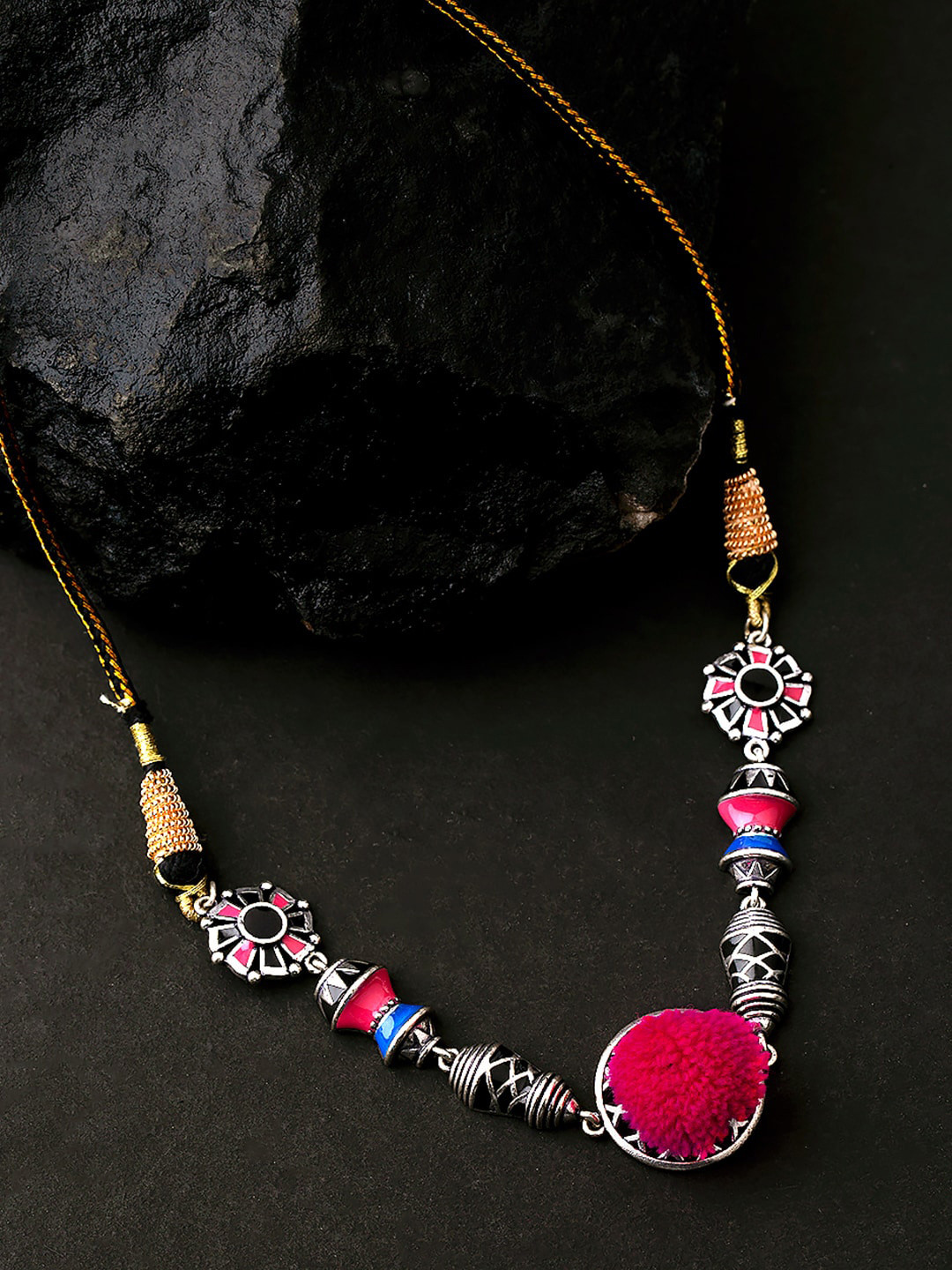 Voylla Blue & Pink Silver-Plated Brass Enamelled Choker Necklace