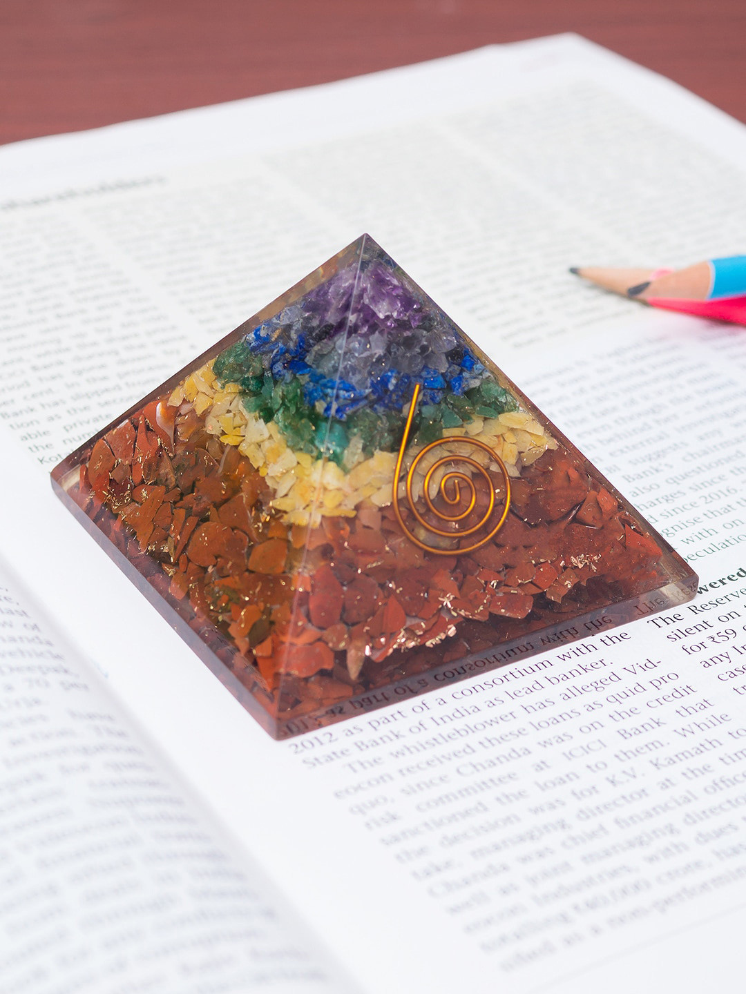 Golden Peacock Brown & Yellow Crystal Stone 7 Chakra Pyramid Prism Showpiece