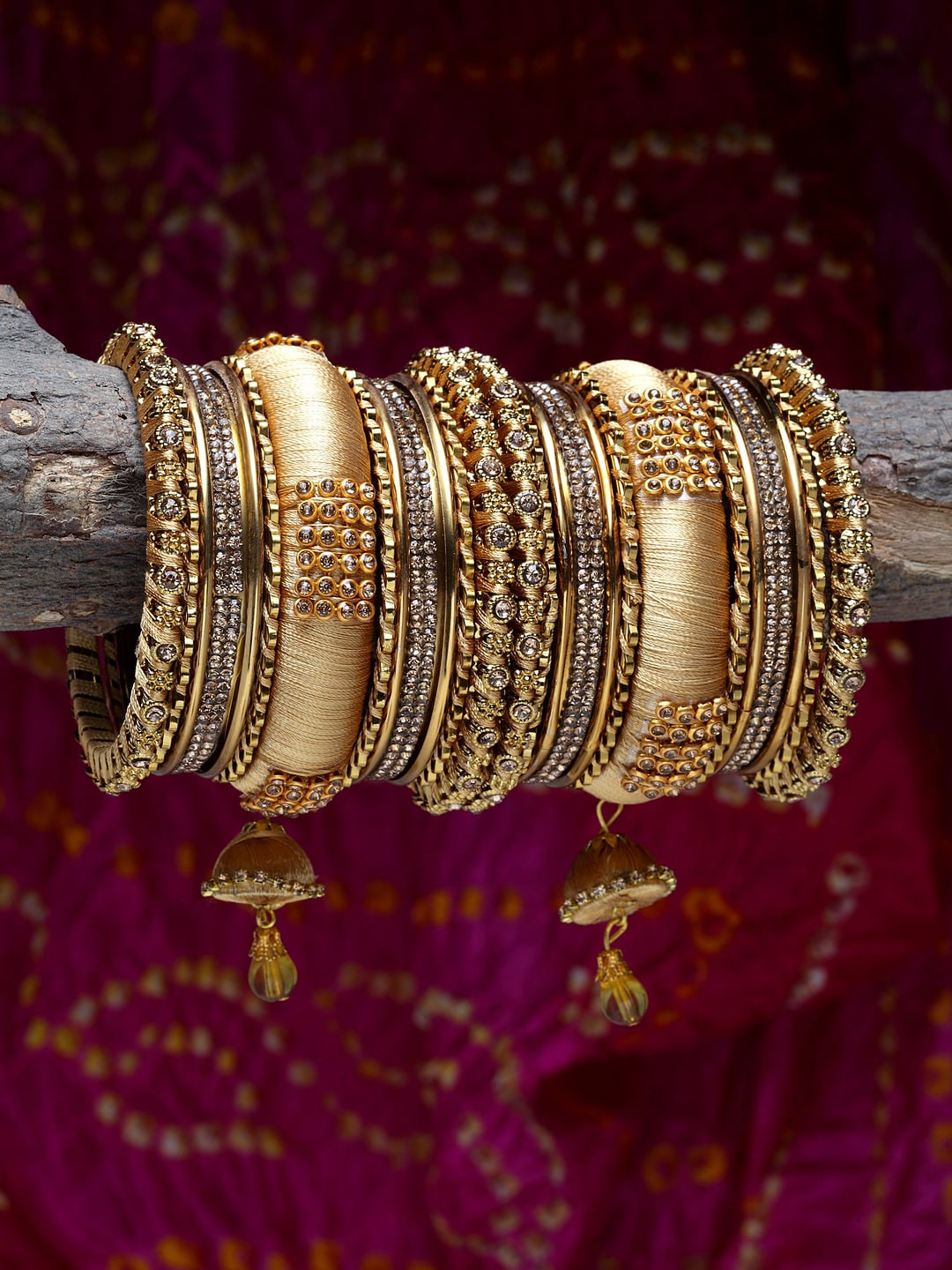 Shining Diva Set Of 18 Gold-Plated & Beige Stone-Studded Antique Bangles