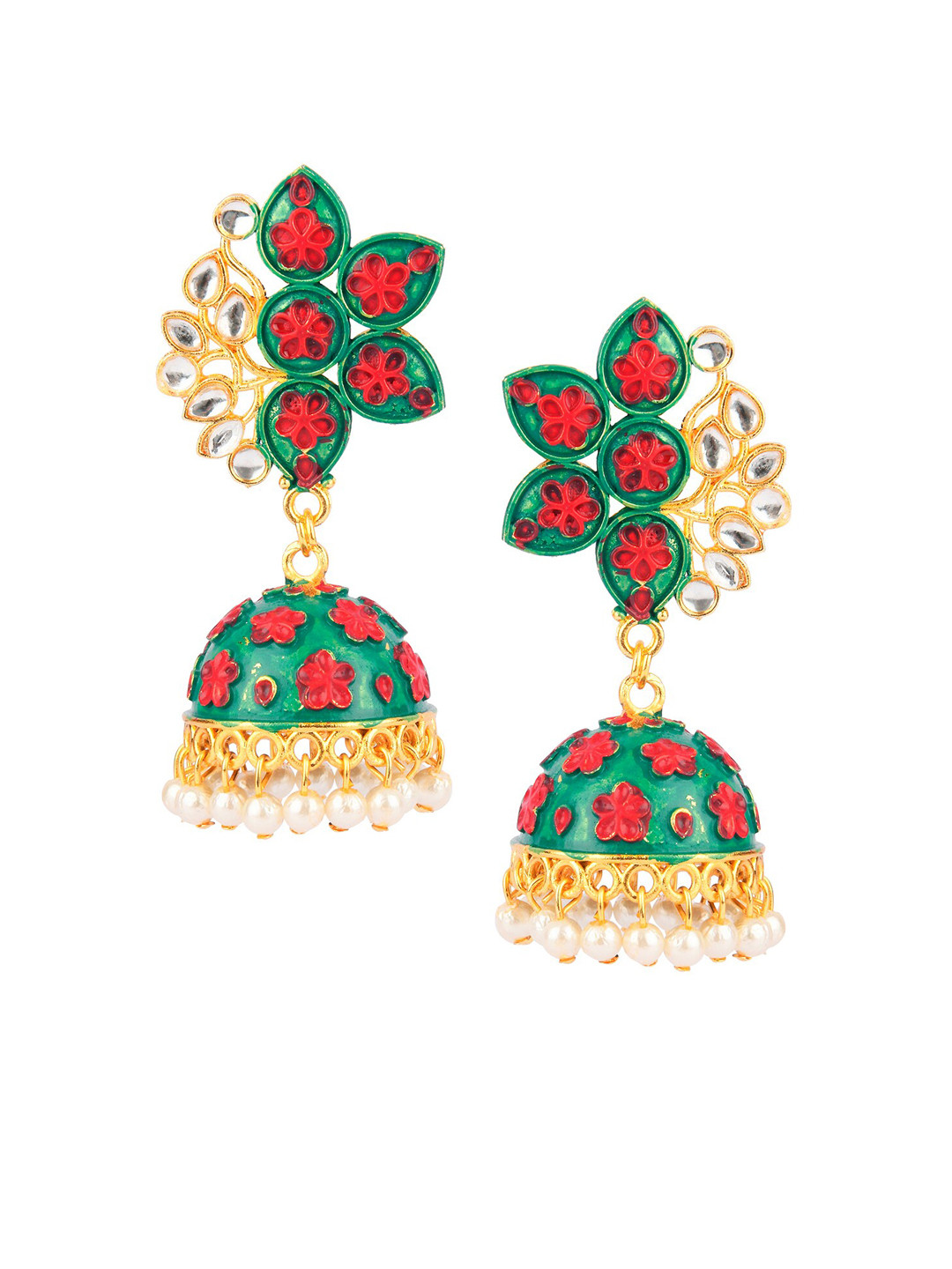 DESI COLOUR Gold-Toned & Green Dome Shaped Jhumkas