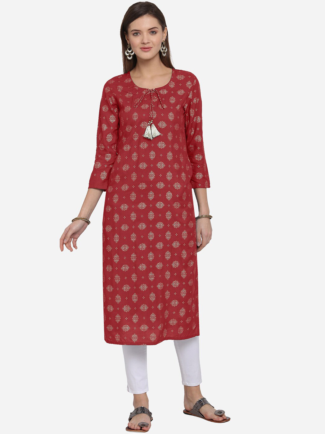 MIRCHI FASHION Women Red Foil Printed A-Line Kurta
