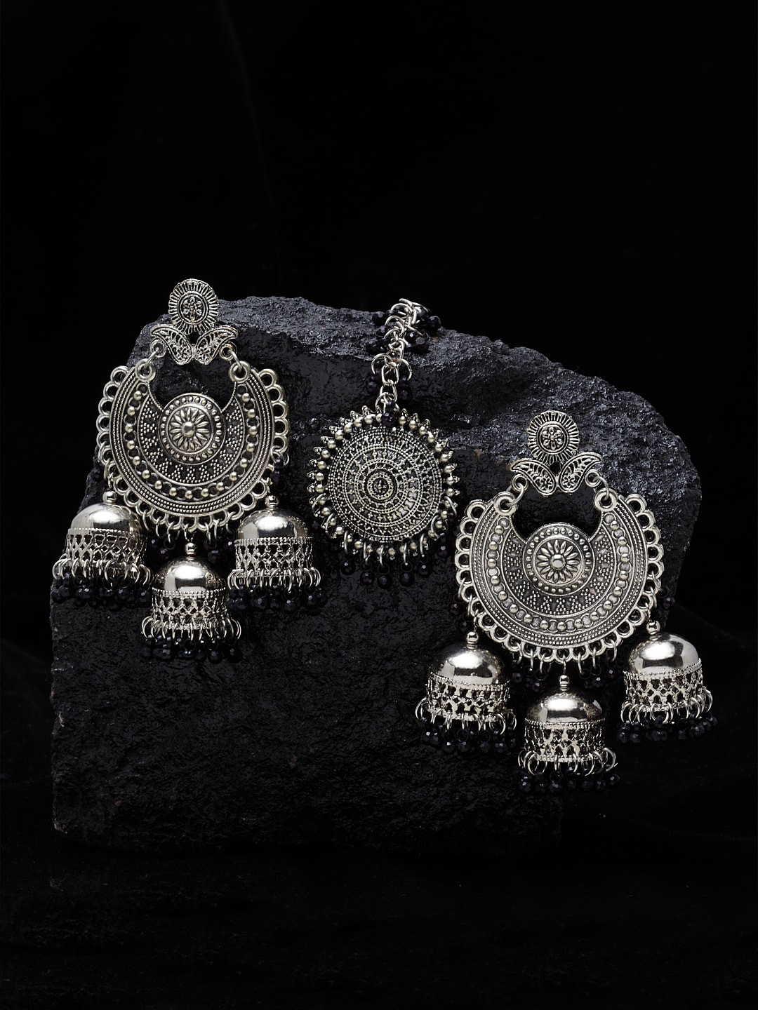 Shining Diva Oxidized Silver Black Beaded Jewellery Set