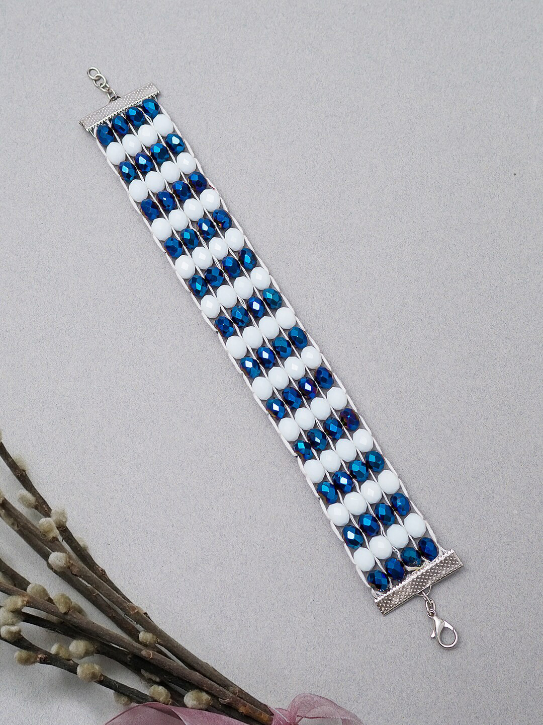 Golden Peacock Blue & White Alloy Link Bracelet