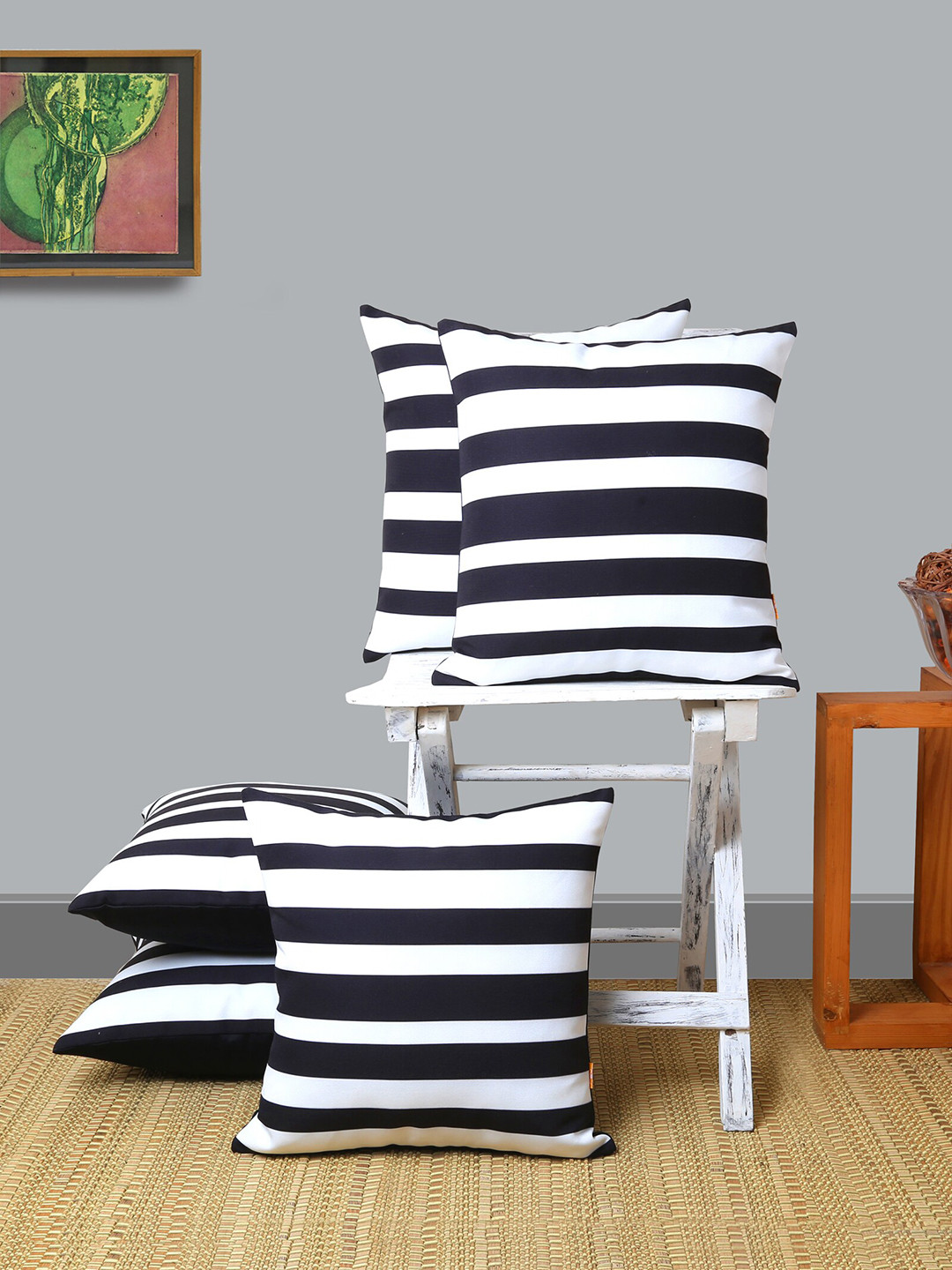 ANS Black Striped Polyester Washable 5 Piece Square Cushion Covers -16x16In
