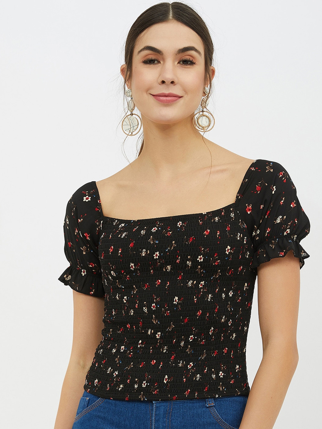 Harpa Black Floral Printed Top With Puff Sleeves