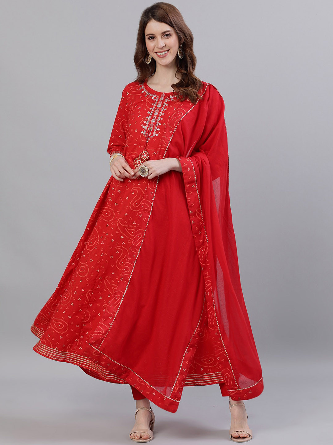 Ishin Women Red Printed Bandhani Anarkali Kurta with Dupatta